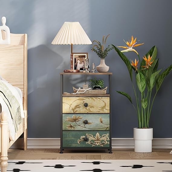 Vintage 3-Drawer Bedside Cabinet with Open Shelf, Metal Frame Storage Table