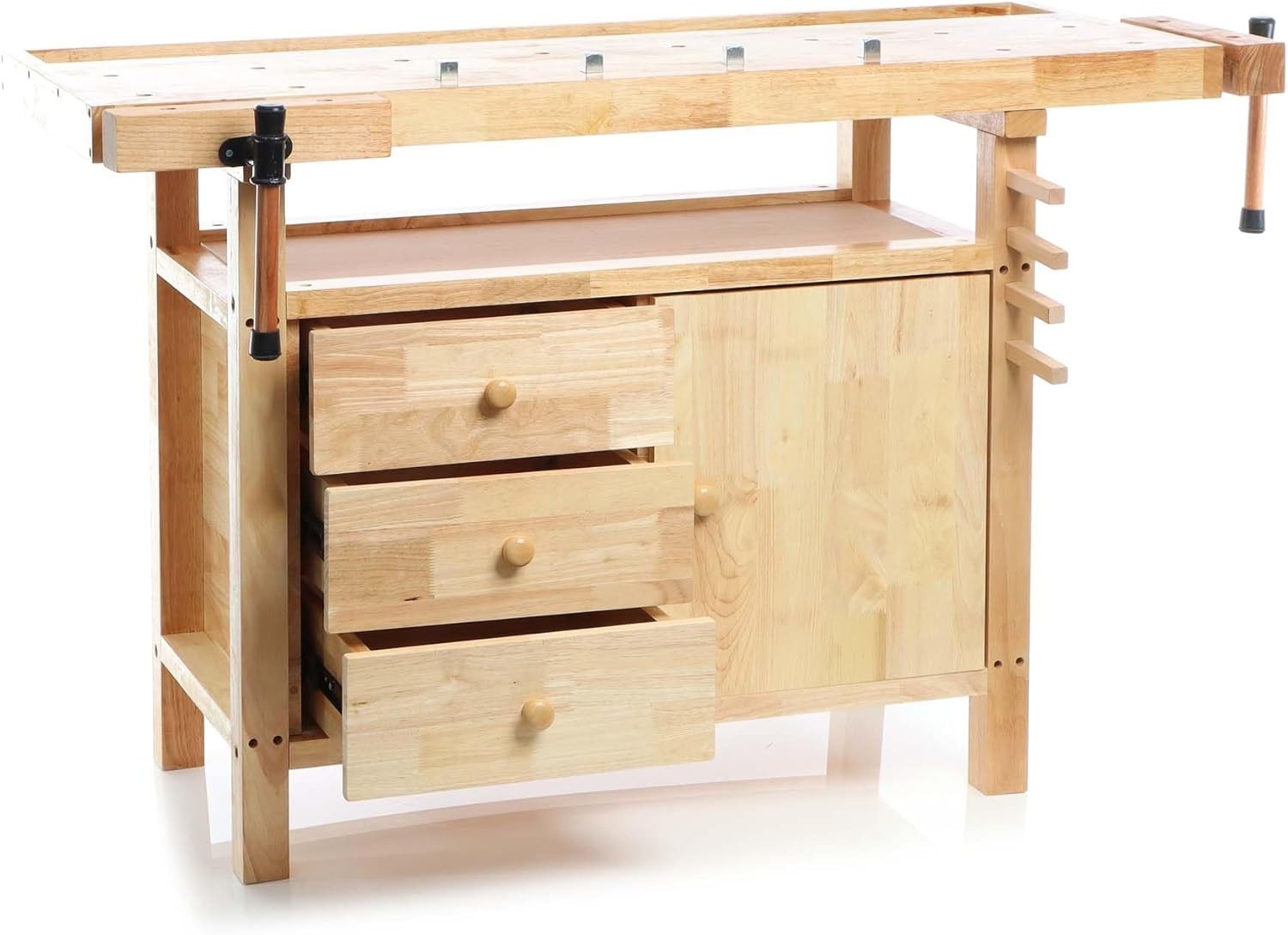 Wooden Planing Bench 126x50x84cm Workbench w/ Vices Hooks Drawers Storage