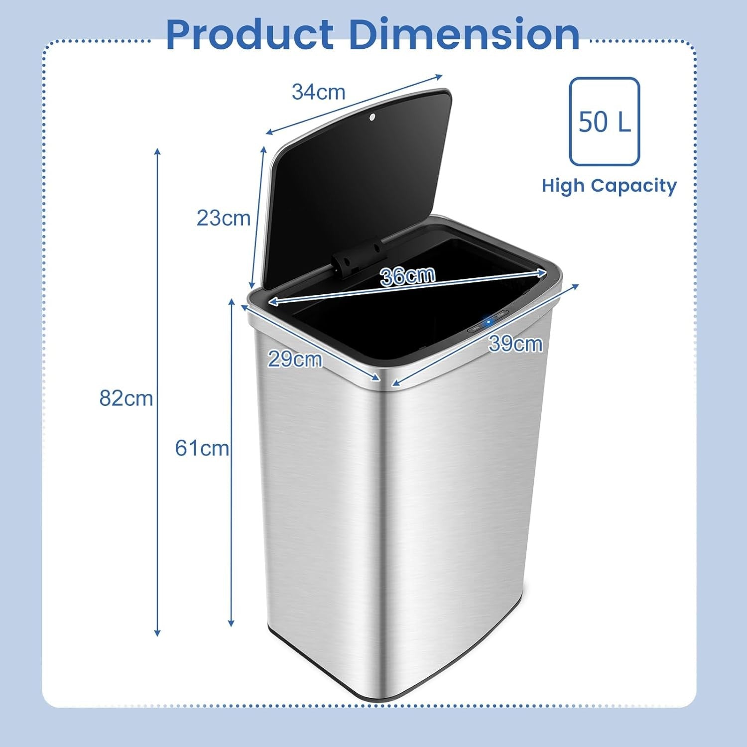 50L Automatic Sensor Kitchen Bin Stainless Steel Touchless