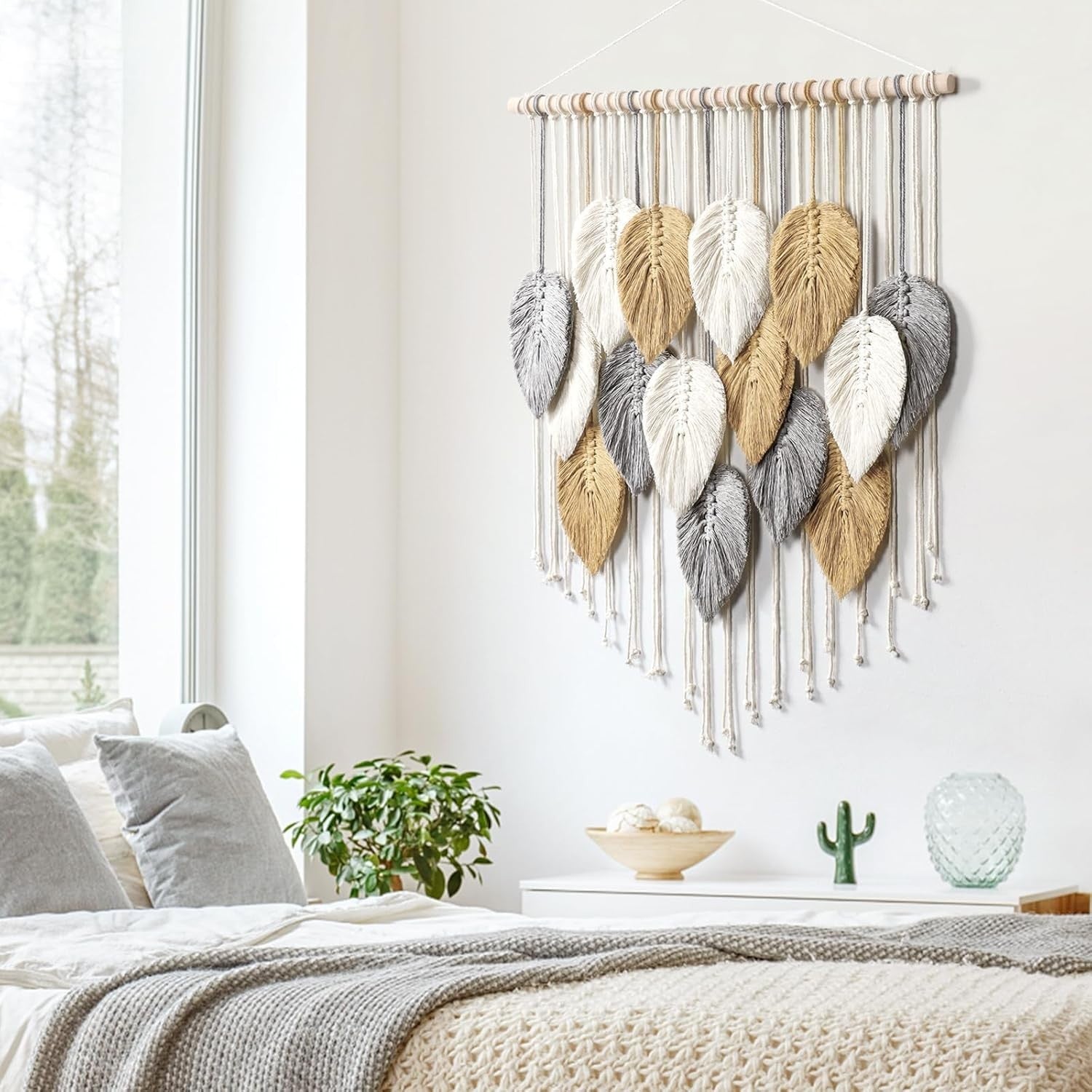 Boho Macrame Wall Hanging 23.6"x30.7" Leaves Woven Tapestry Decor