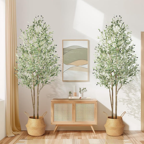 Set of 2 6ft Artificial Olive Trees Tall Faux Plant Indoor Decor with Fruits