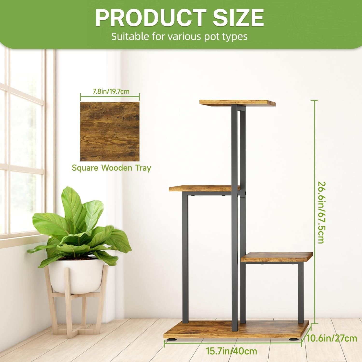 4 Tier Metal & Wood Plant Stand | Tall Corner Indoor Display Shelf for Multiple