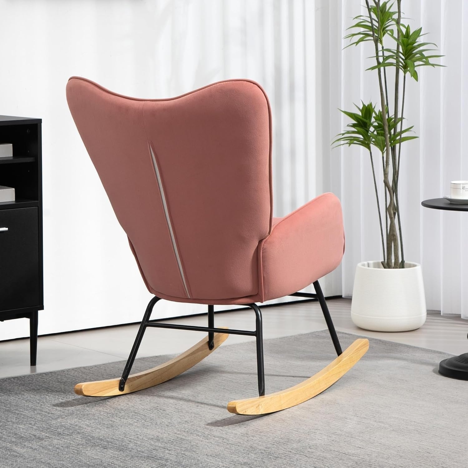 Velvet Rocking Chair with Lumbar Pillow, Wooden Rocker & Metal Legs - Pink