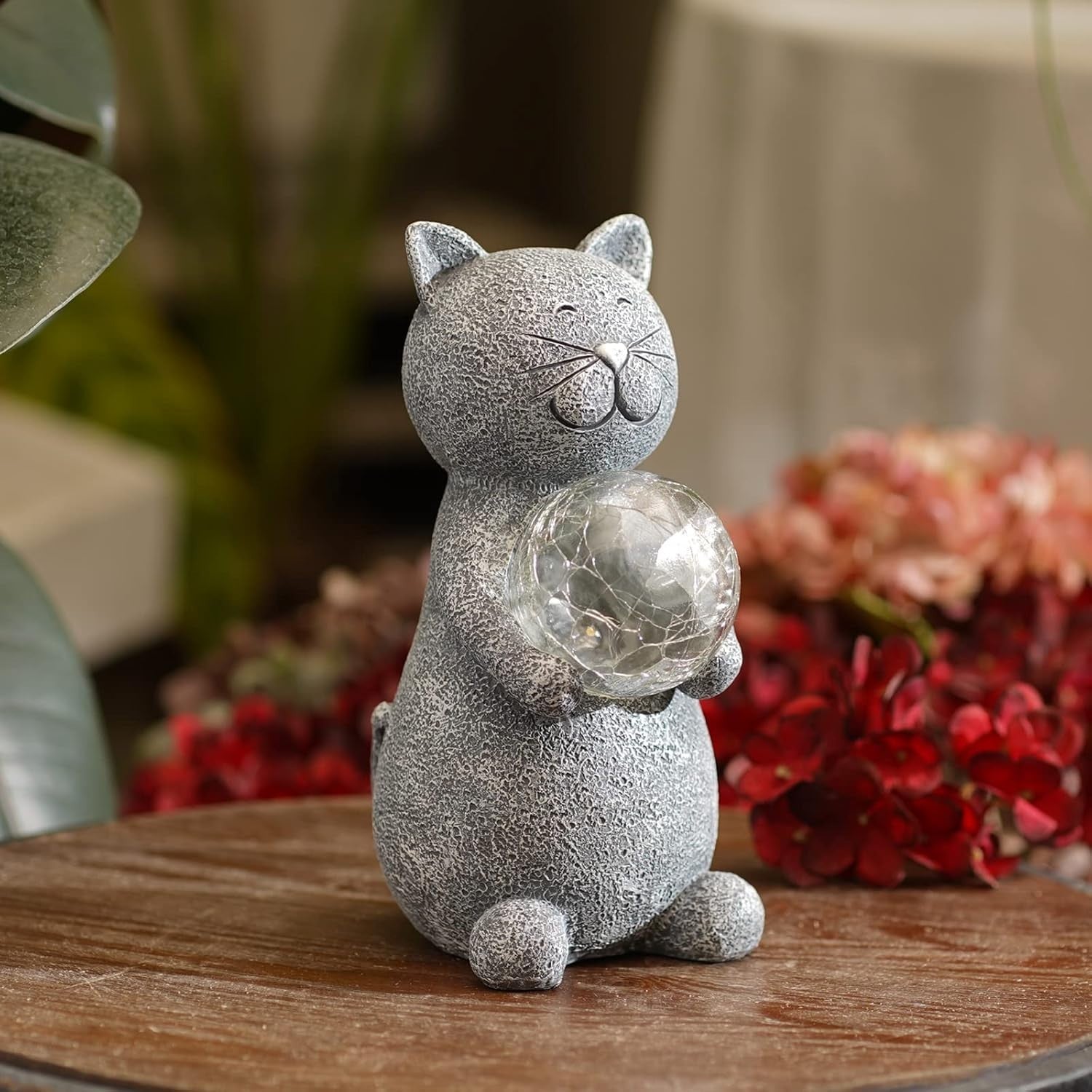 Solar Cat Garden Ornament with Glowing Ball – Waterproof Resin Decor Light