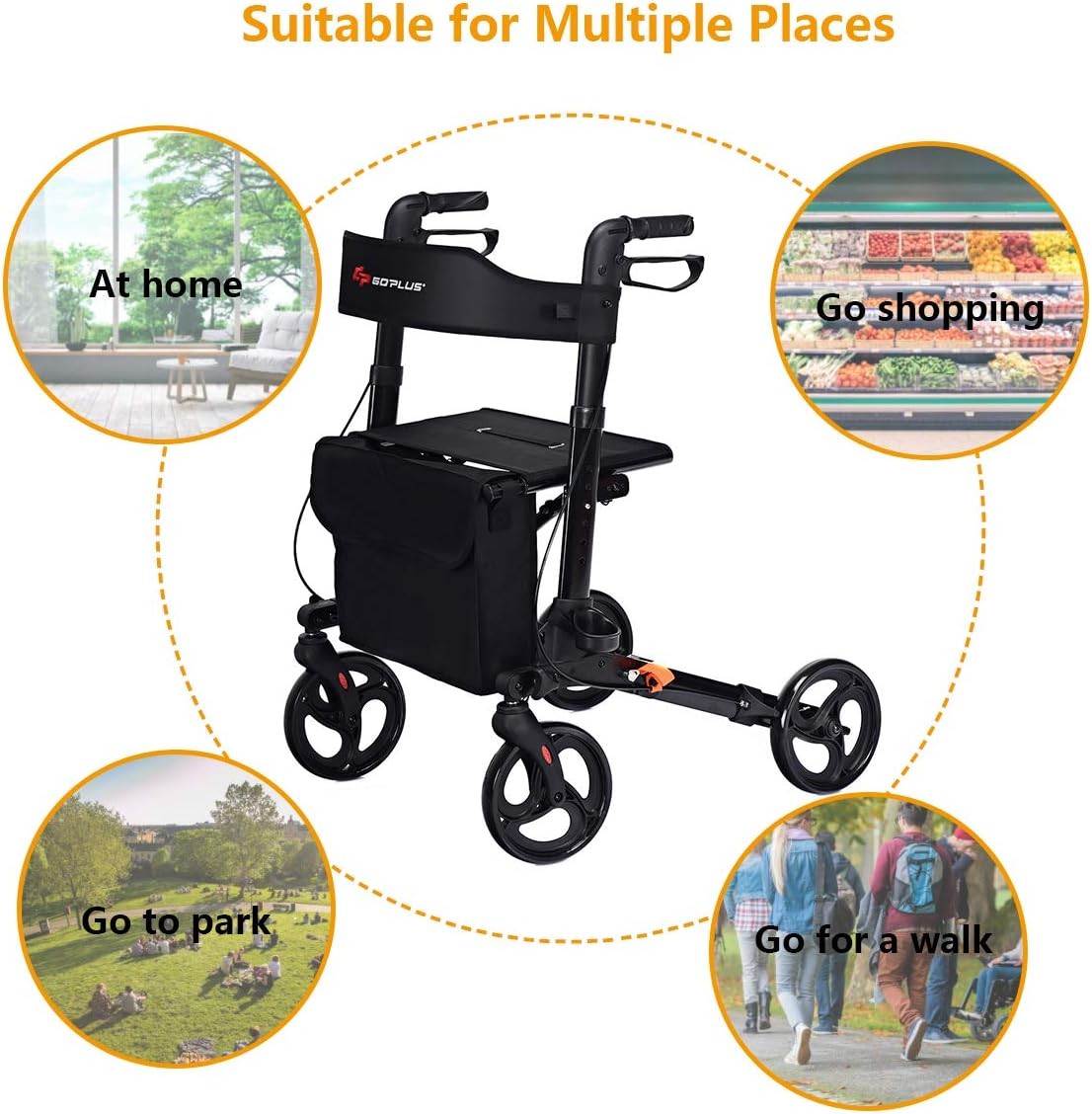 Lightweight Folding Rollator Walker with Seat Dual Brakes Storage Bag