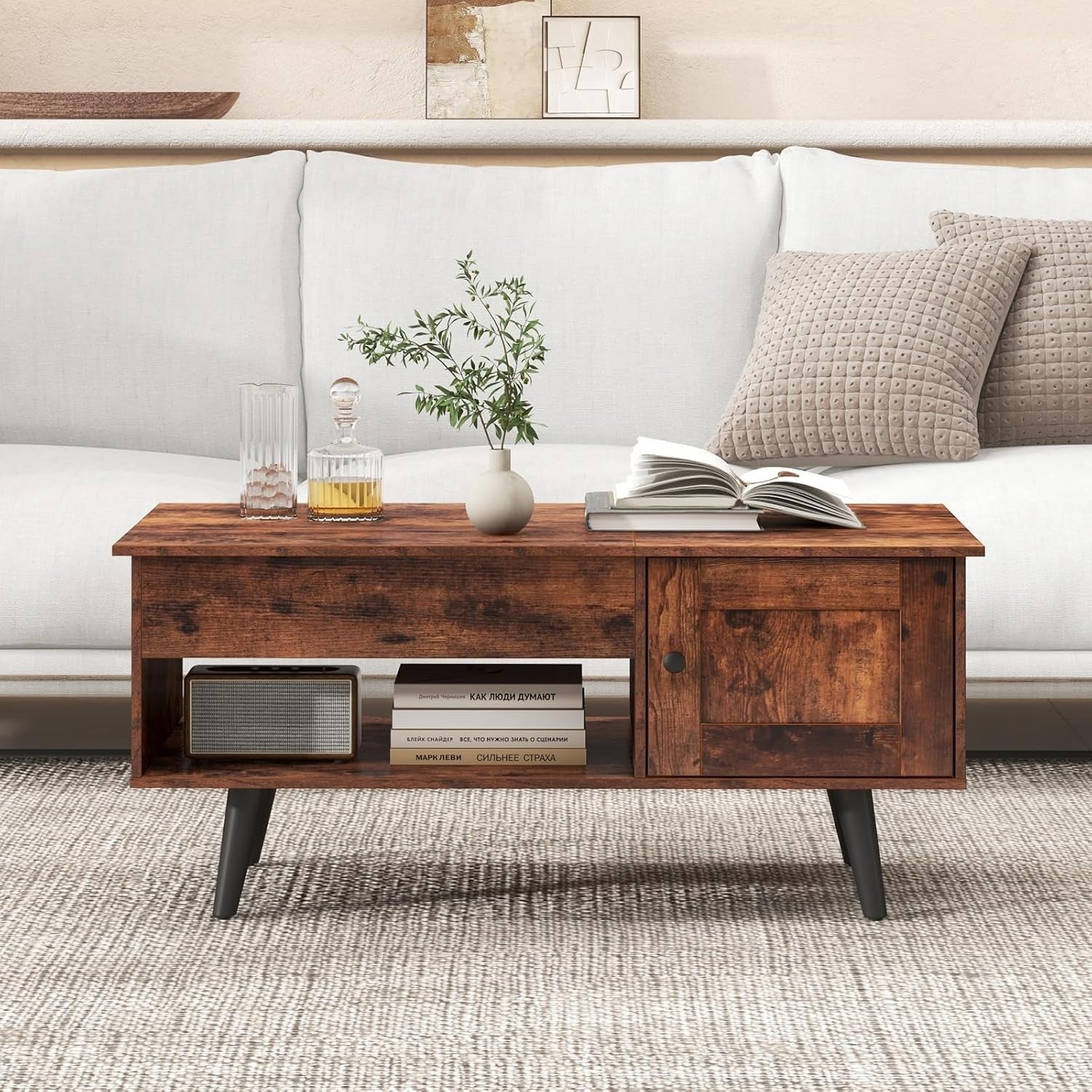 Lift Top Coffee Table with Storage, Adjustable Height, Rustic Brown Wood Finish