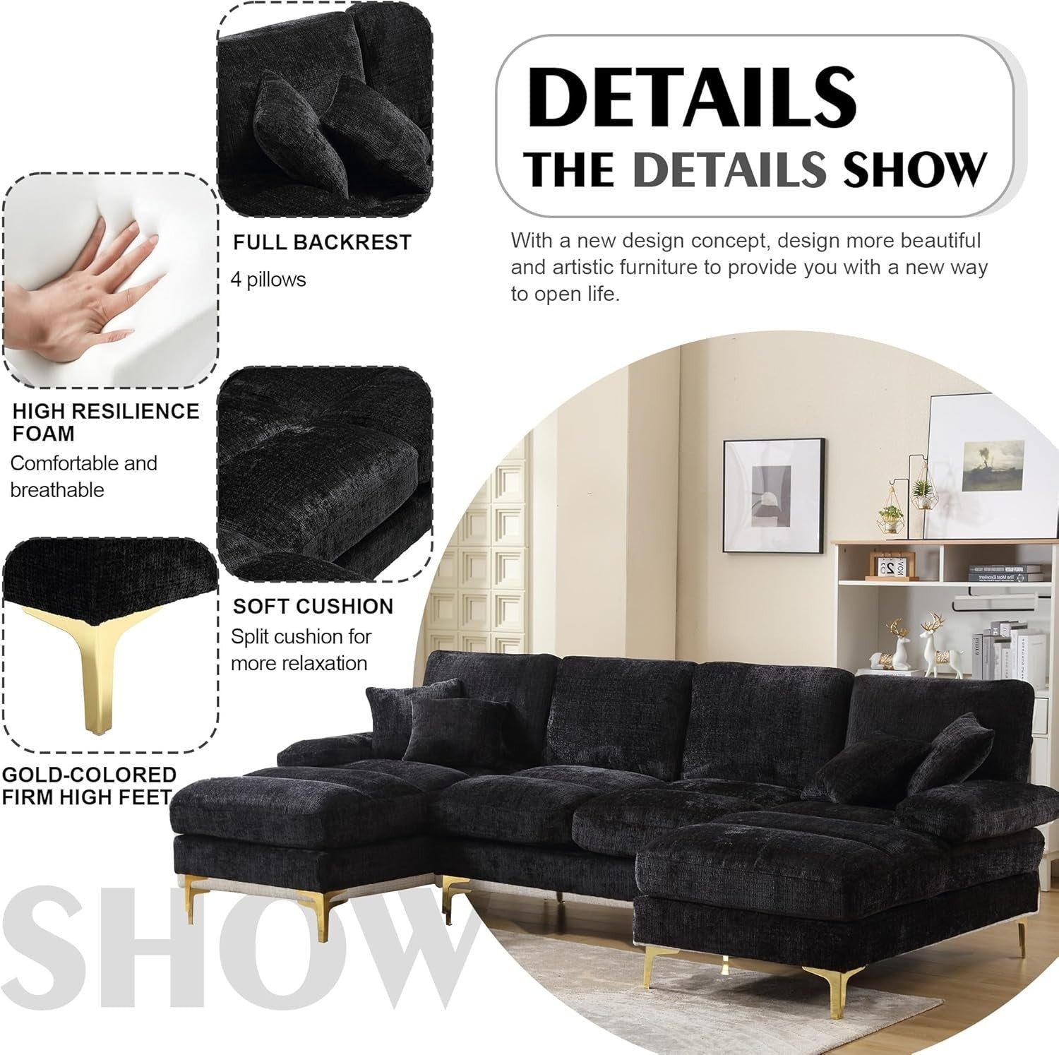 4 Seater U-Shaped Sofa Black Chenille Sectional with 2 Chaise Lounges