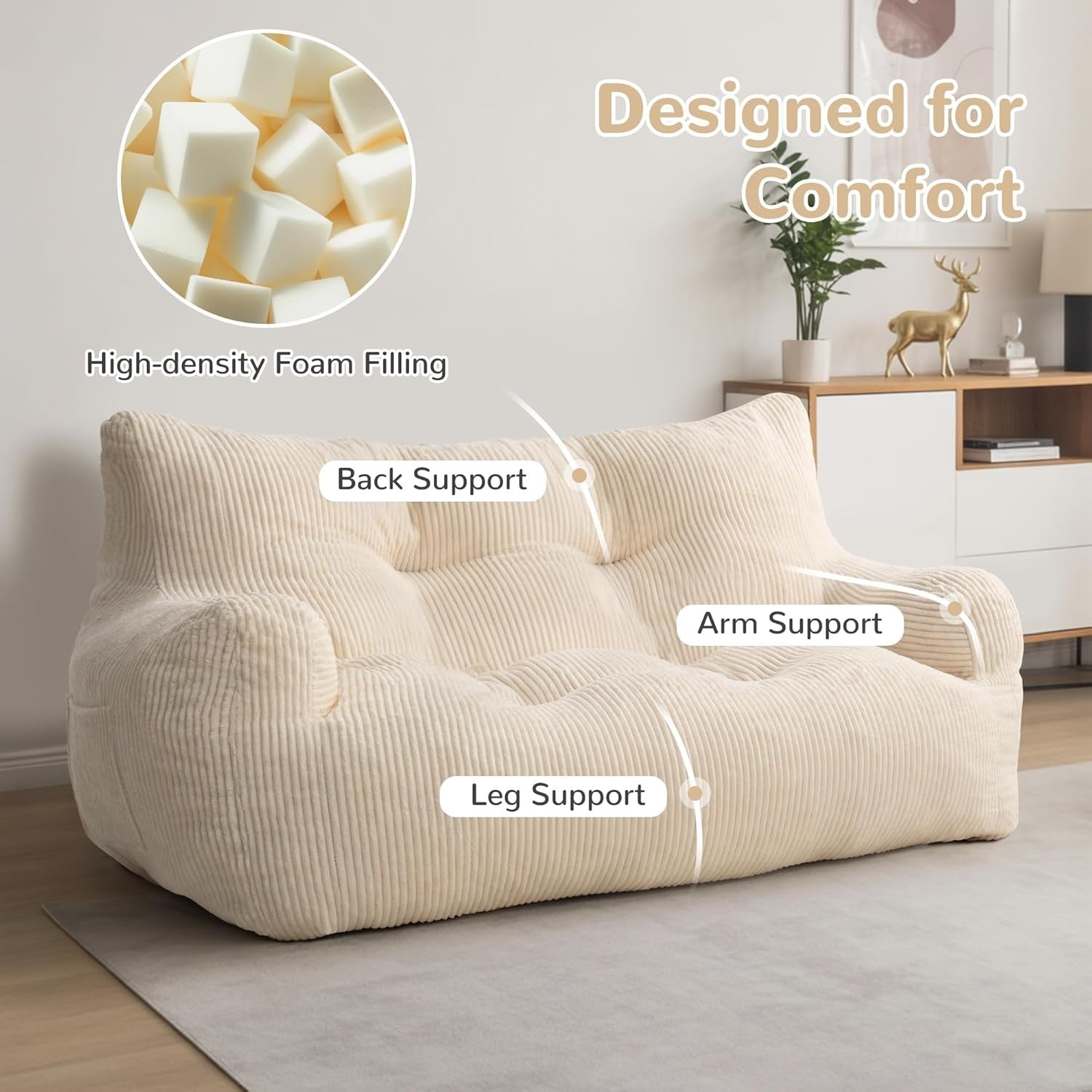 Large 2 Seater Bean Bag Sofa Chair Adult Comfy Corduroy for Lounge Room