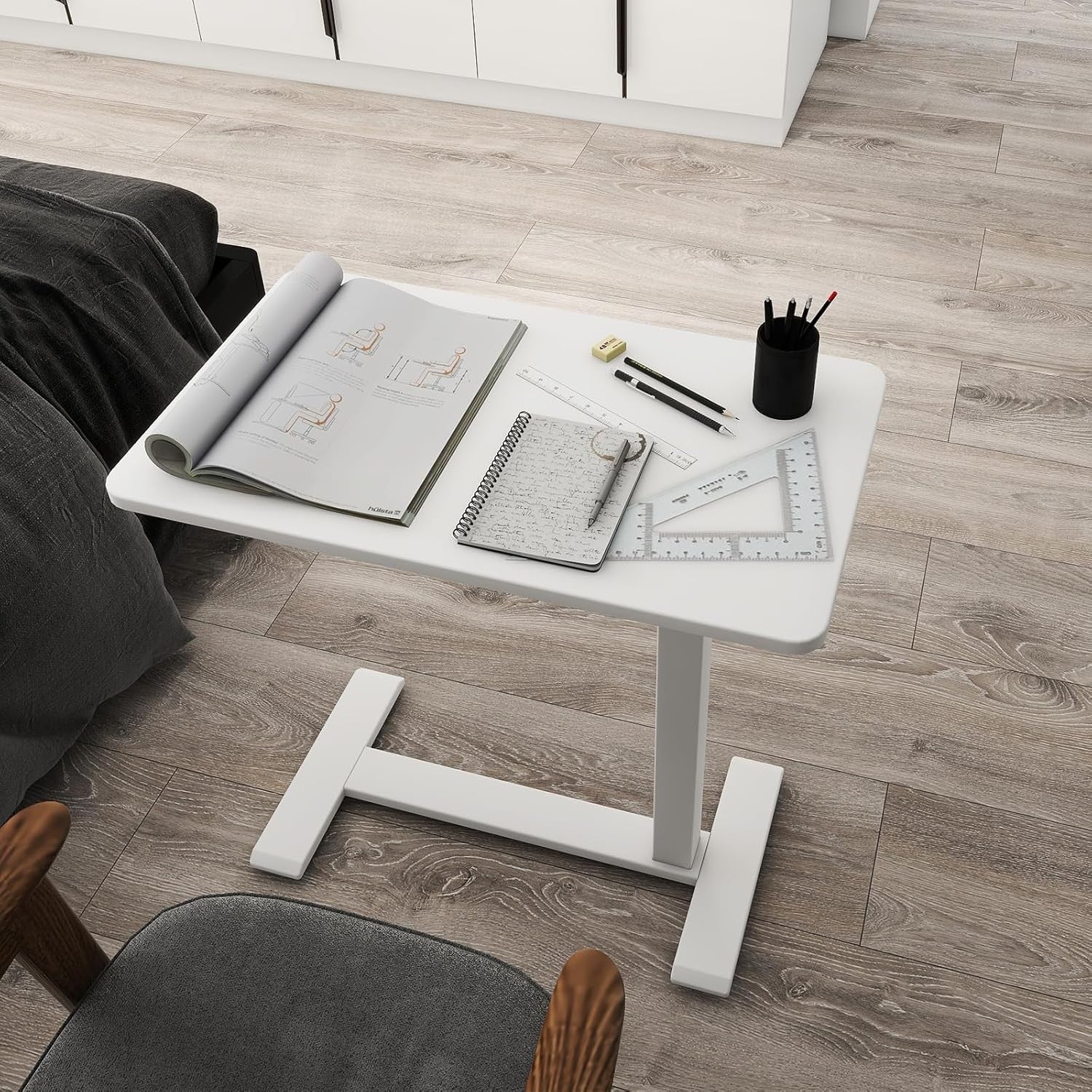 Overbed Table Height Adjustable Pneumatic Laptop Desk Rolling Bedside Stand