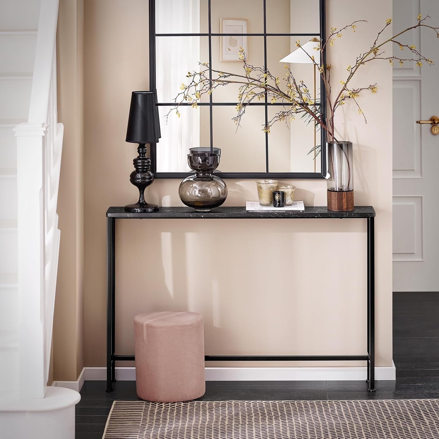 Slim Console Table 120x20x80cm Black Marble Effect Sturdy Metal Frame