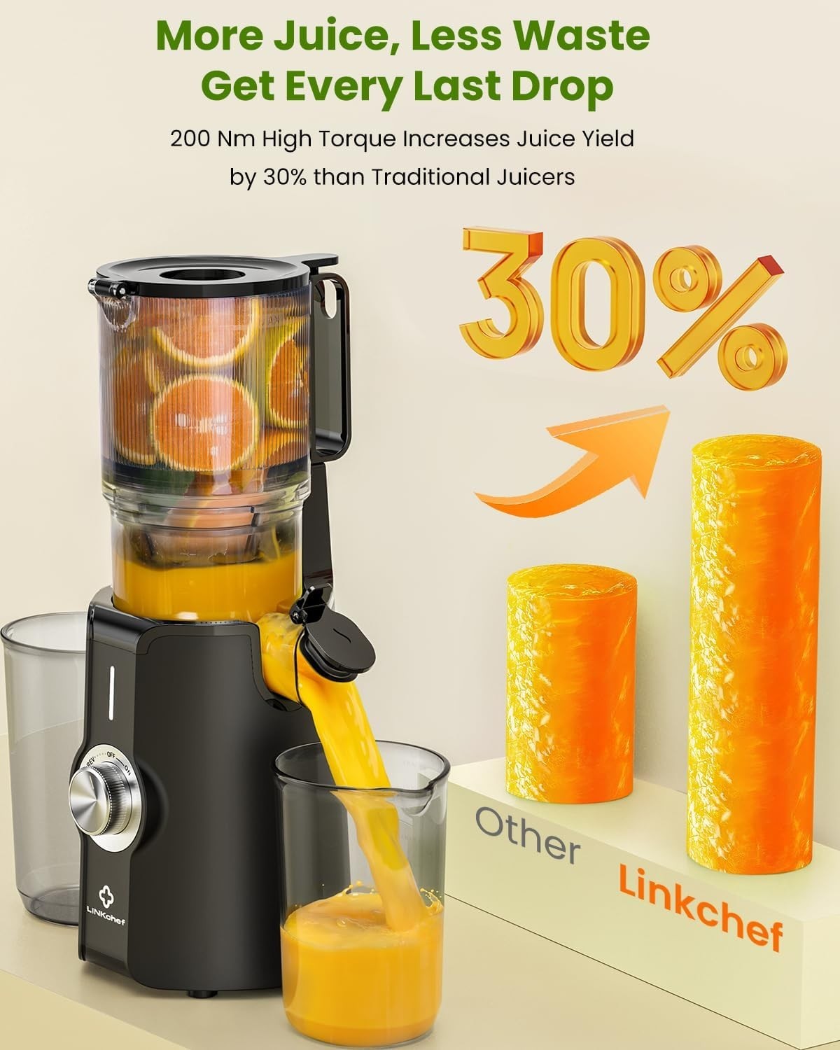 Cold Press Juicer 4.35in Wide Chute Whole Fruit Slow 200W High Yield