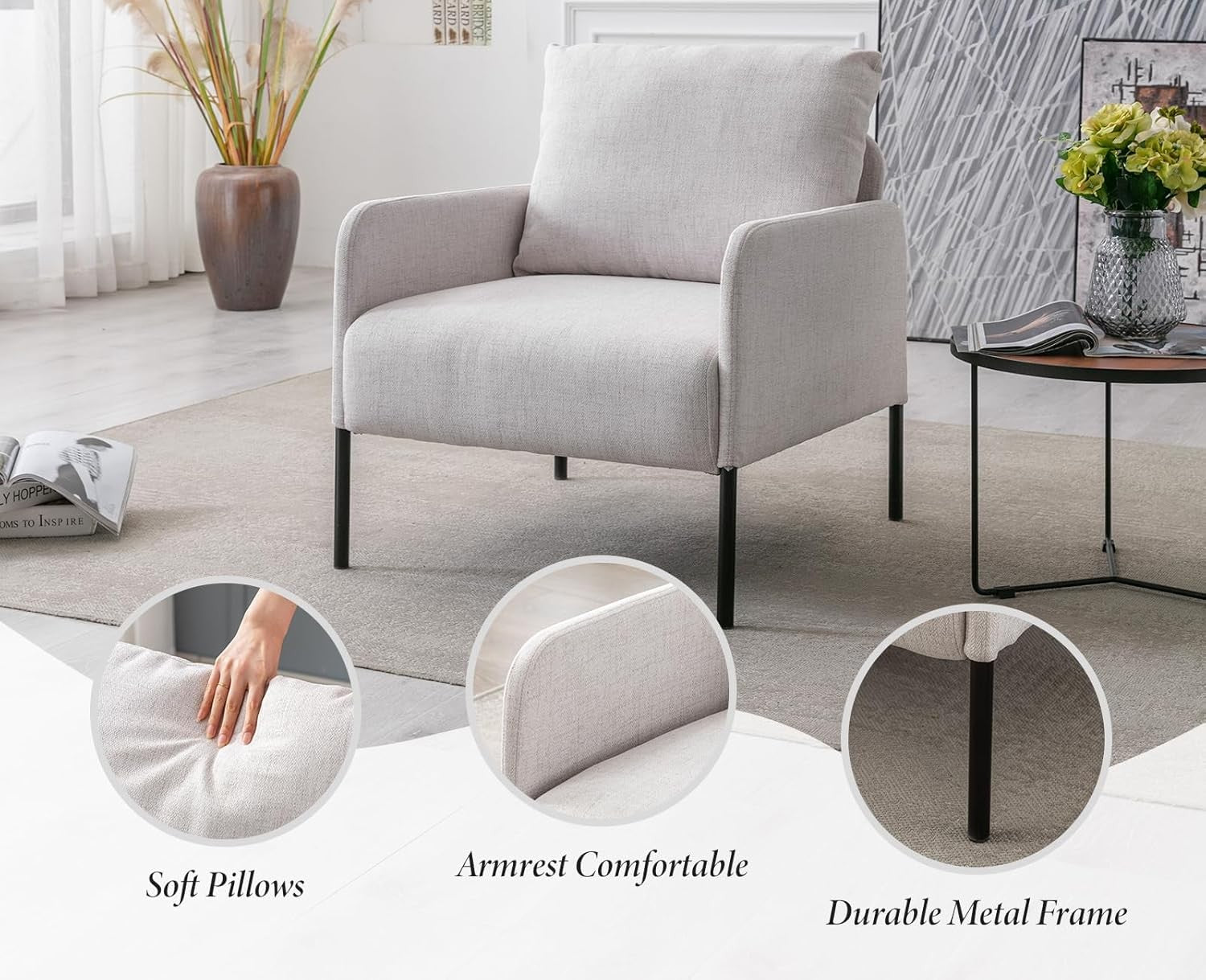 Modern Accent Armchair Beige Linen Lounge Chair Metal Legs
