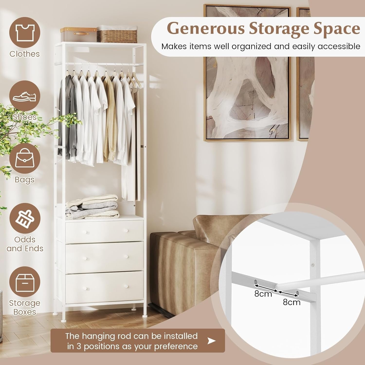Clothes Rail 3 Drawers Freestanding Wardrobe Rack White