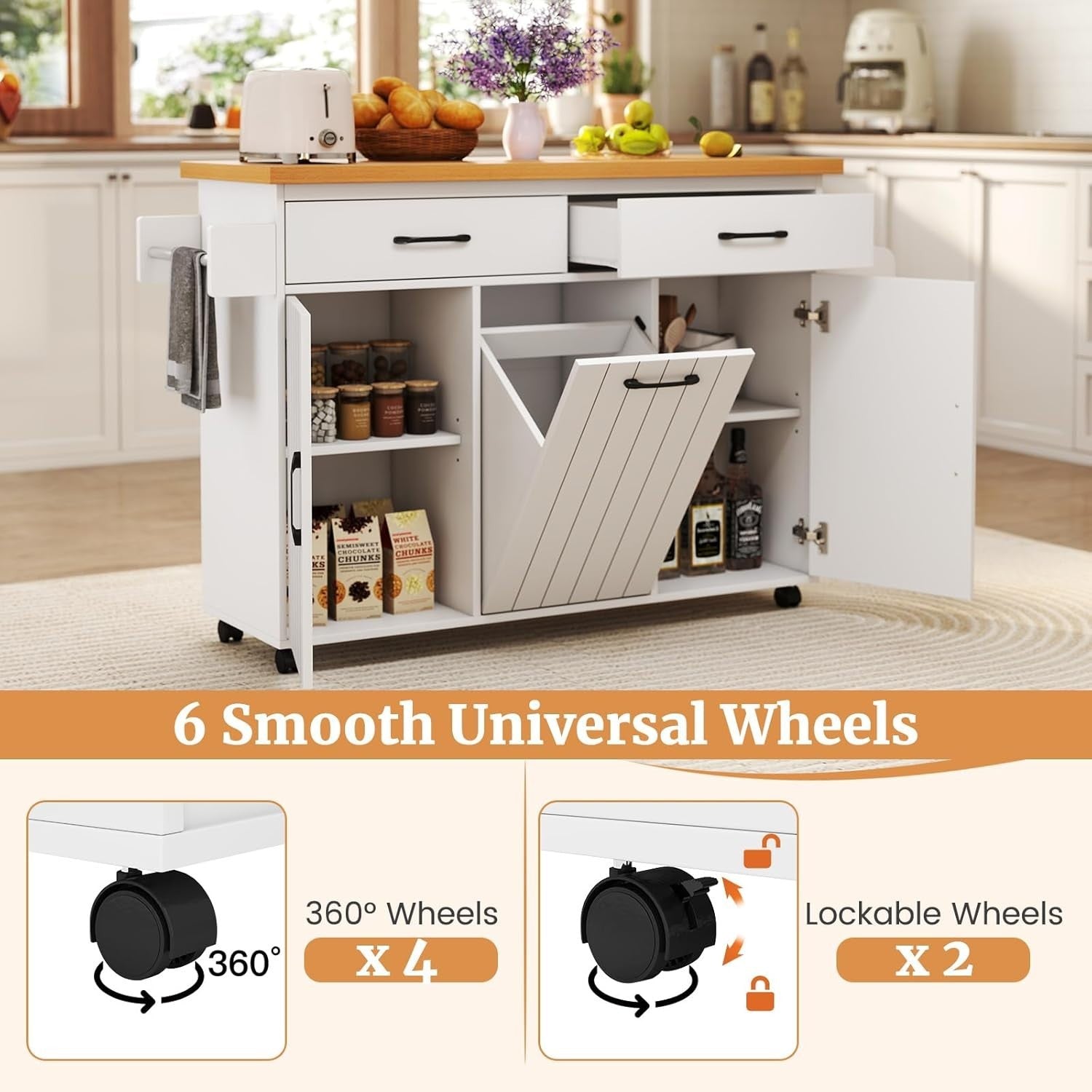 Mobile Kitchen Island Cart with Trash Storage, Adjustable Shelves.