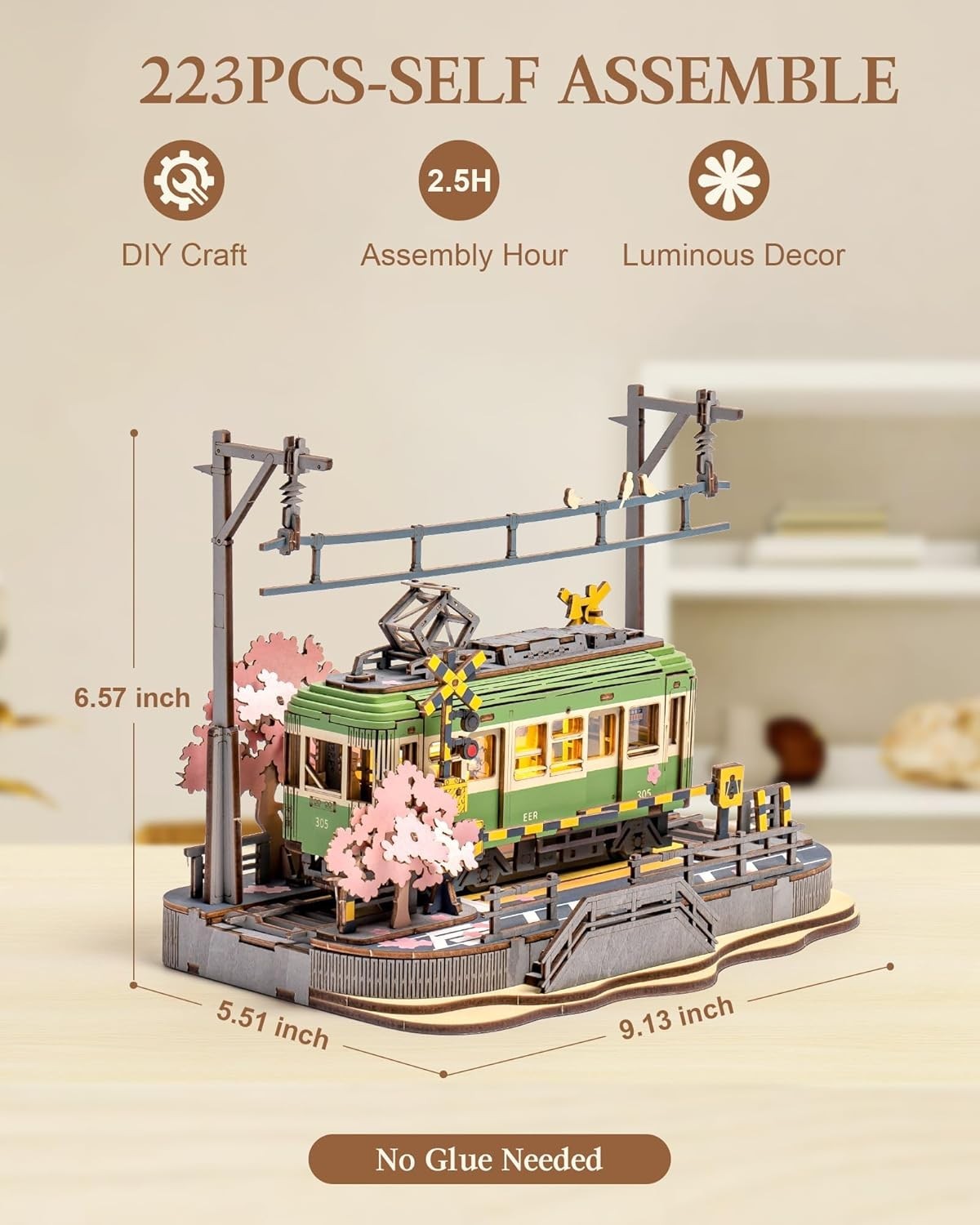 LED Sakura Tram 3D Wooden Puzzle Model Kit DIY Home Decor Gift