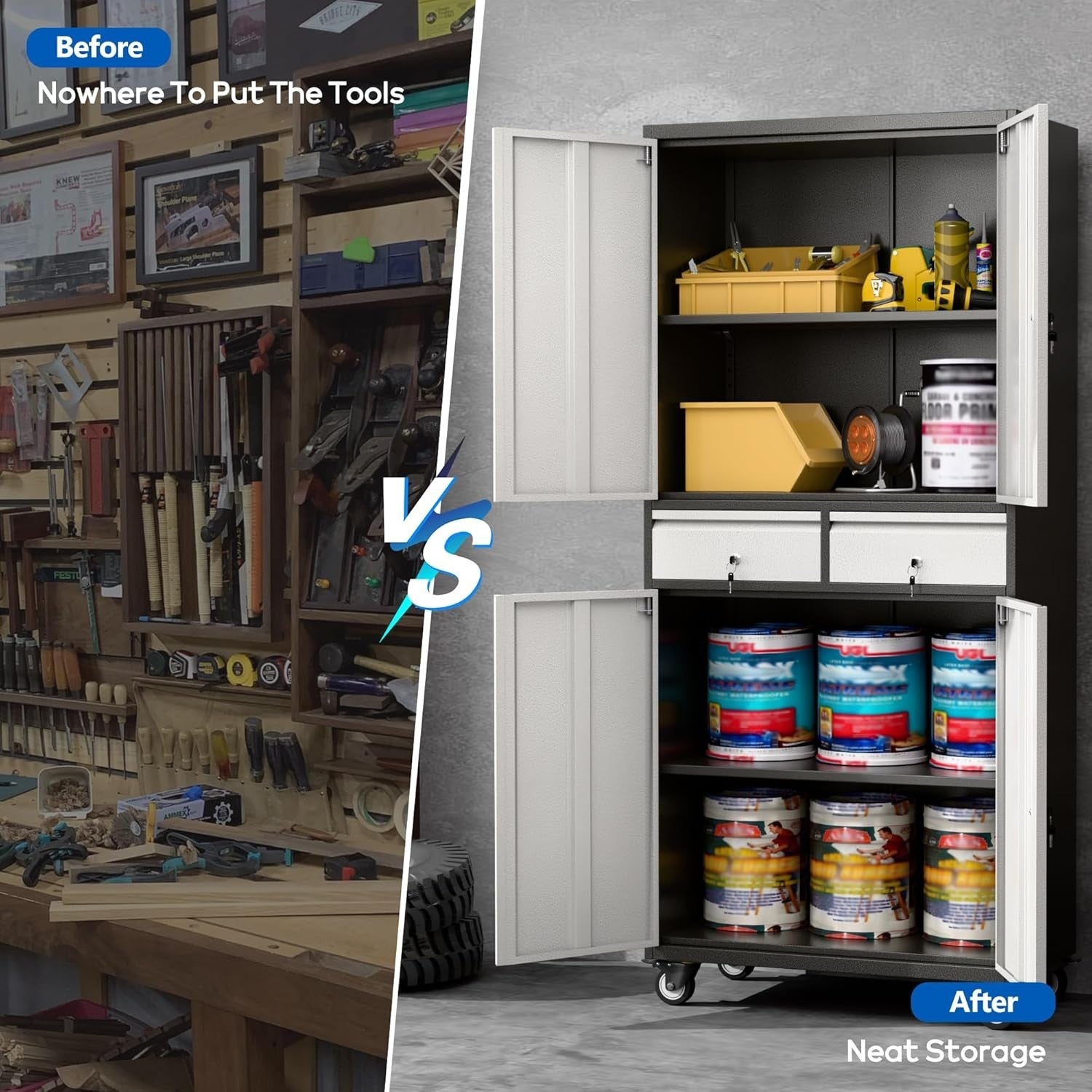 Lockable Metal Garage Cabinet with 2 Drawers, Adjustable Shelves & Wheels
