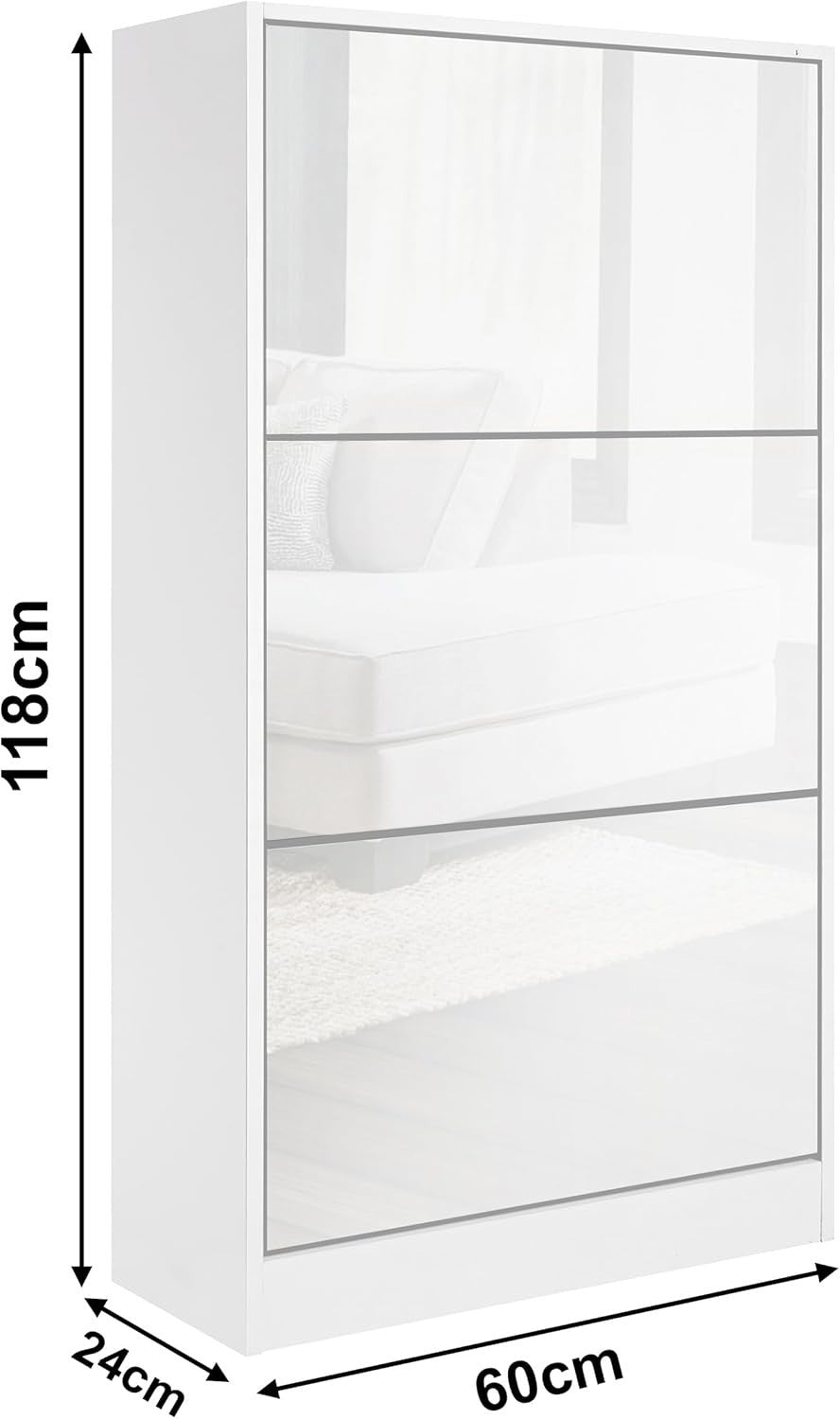 High Gloss 3 Drawer Shoe Cabinet Slim Space-Saving Storage Organizer