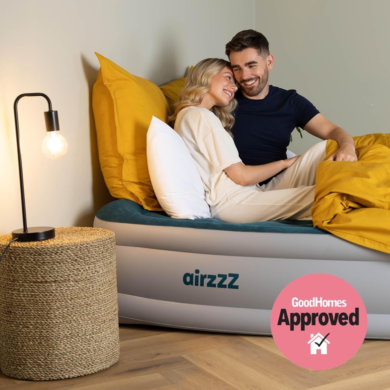 Double Inflatable Air Bed Built-In Pump Raised Flocked Mattress Guest Camping