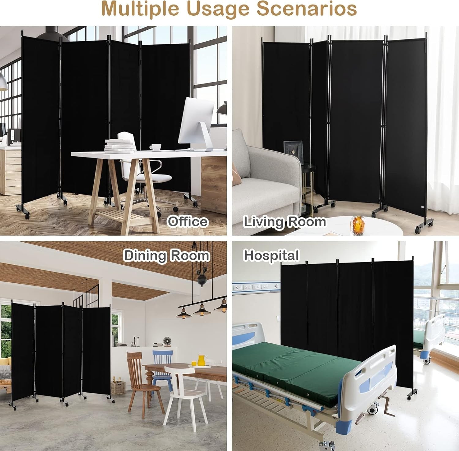4-Panel Black Folding Room Divider 224x30x172cm Privacy Screen Partition