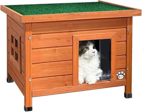 Outdoor Wooden Cat House Shelter with Window Raised Floor 57x45x43cm