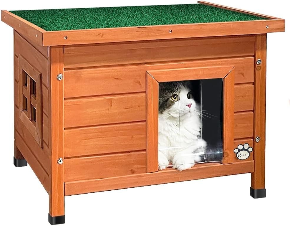 Outdoor Wooden Cat House Shelter with Window Raised Floor 57x45x43cm