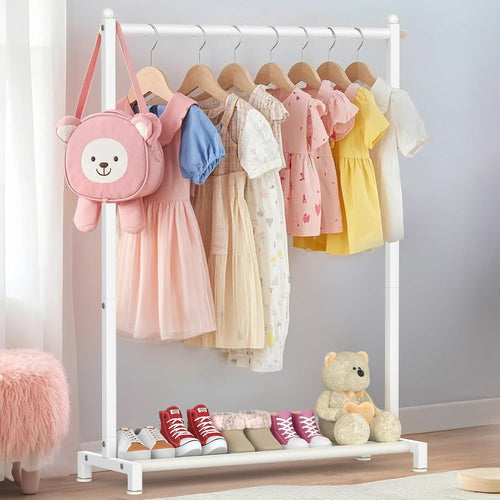 White Kids Clothing Rack with Shelf & Adjustable Feet 117cm