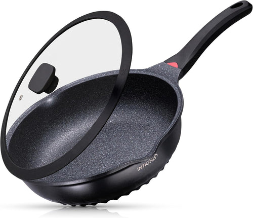 24cm Black Deep Non Stick Frying Pan with Lid  3in1 Skillet Sauté Pan & Mini Wok