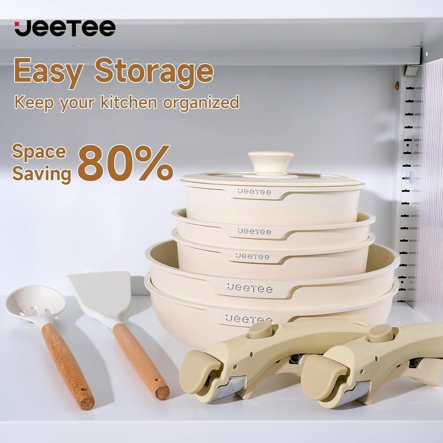 25pcs Beige Non Stick Cookware Set Induction Pots & Pans with Detachable Handles
