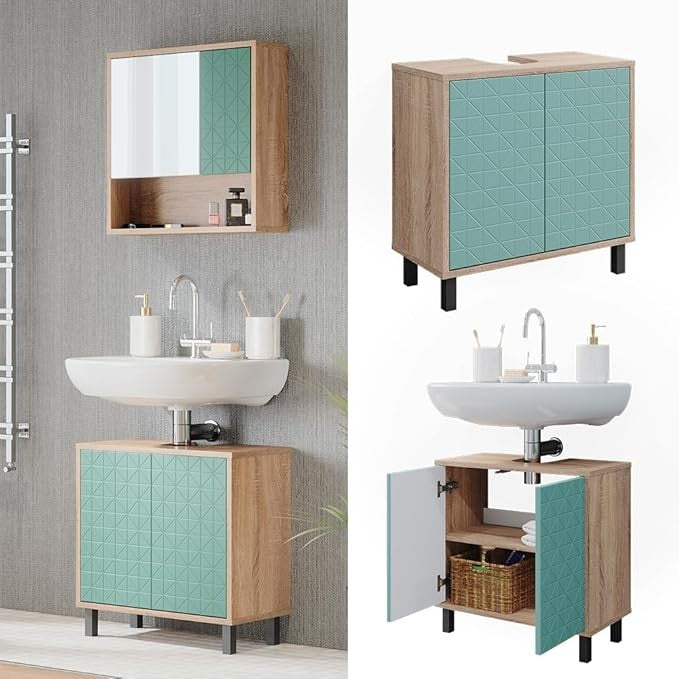 Mint Green Oak Sink Cabinet 56cm Bathroom Vanity Unit with Doors Modern Storage