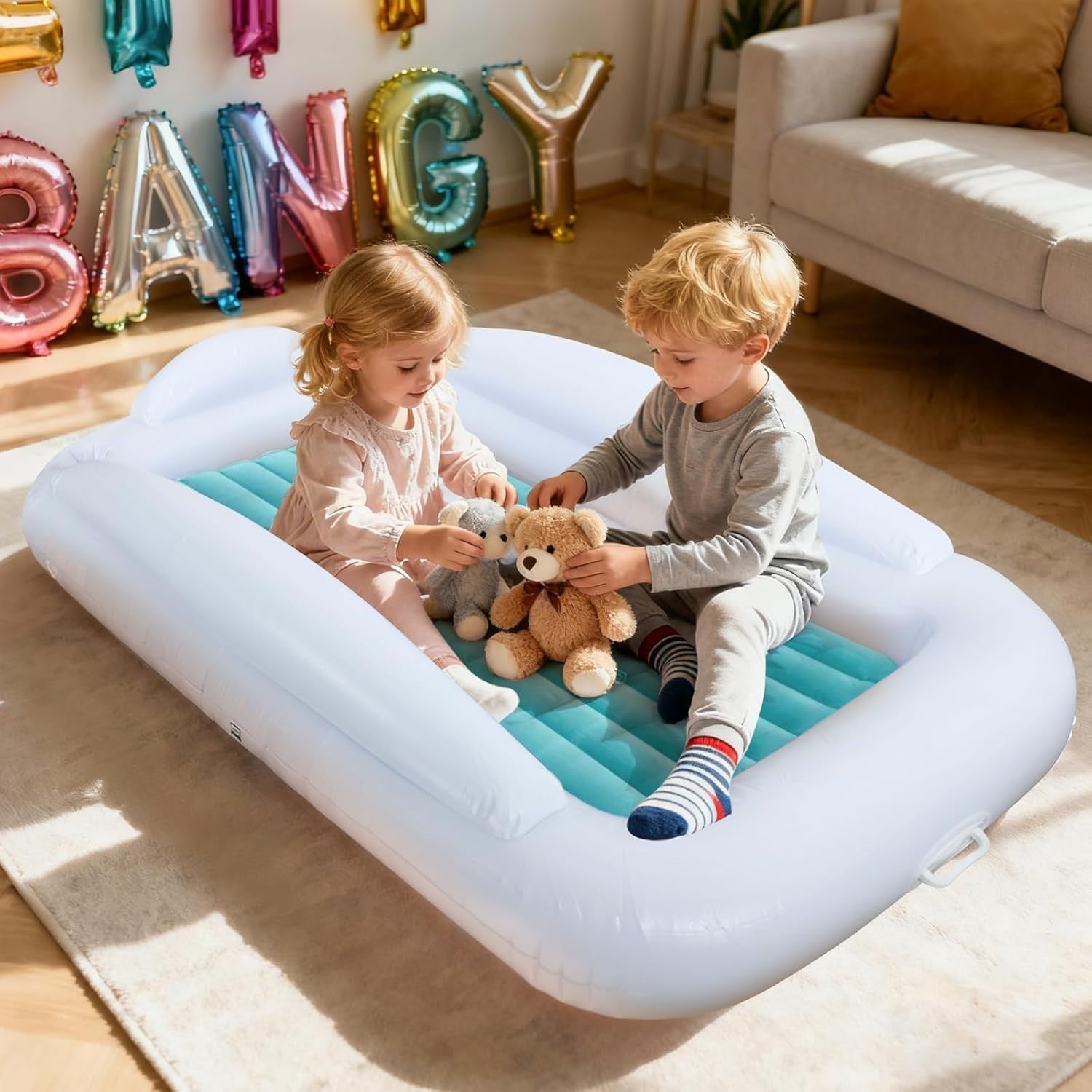 Inflatable Toddler Travel Bed 63” Kids Air Mattress with Bumpers
