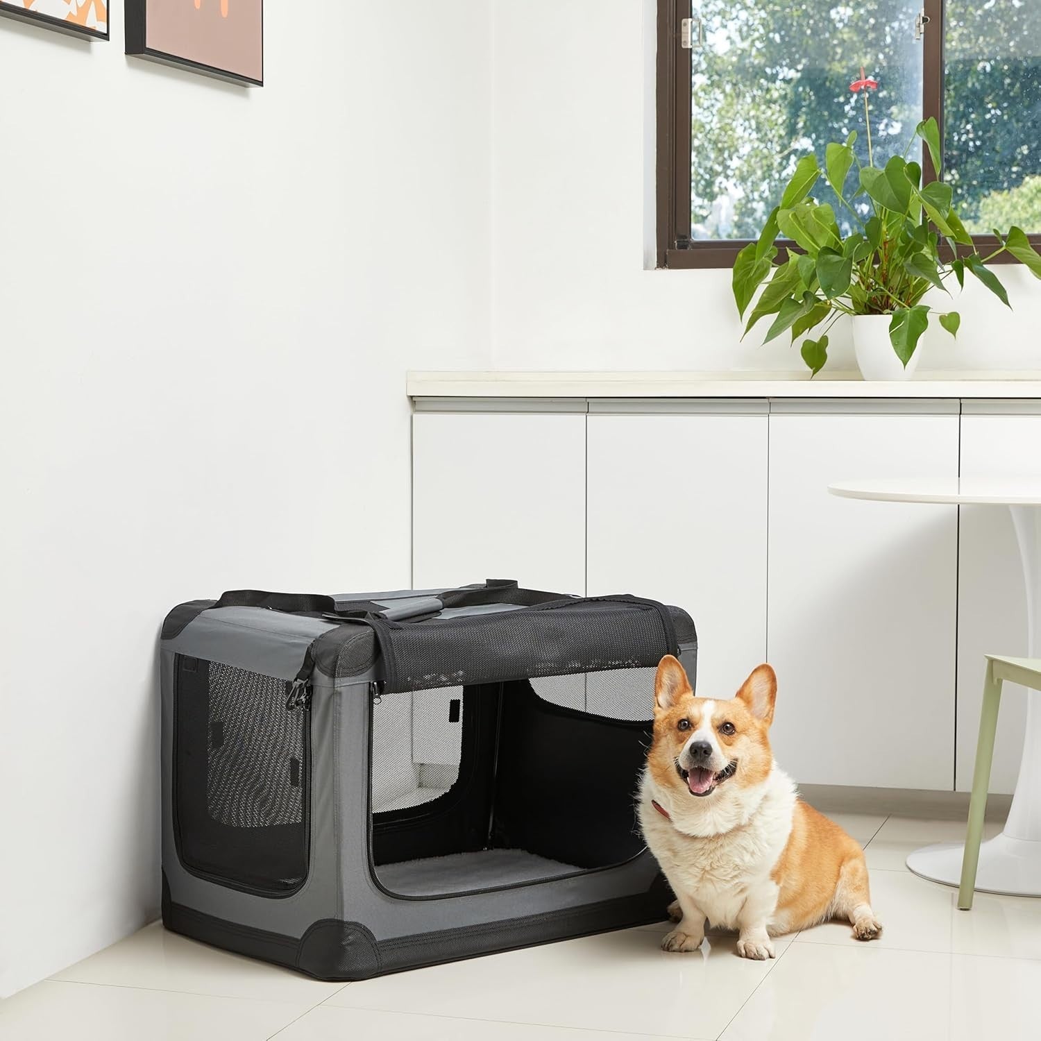 Medium Dog Cat Travel Crate Soft Folding Pet Carrier Cage 76x54x54cm Grey