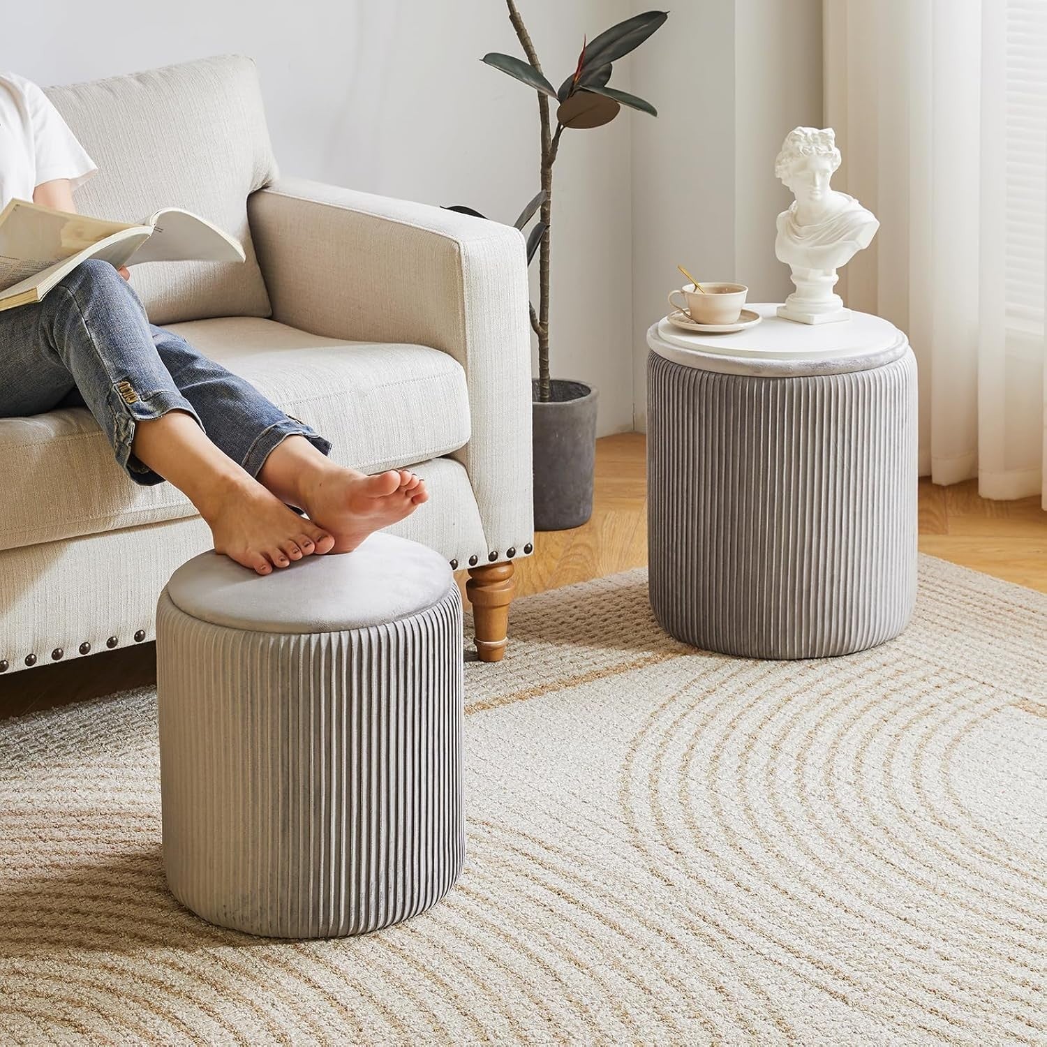 Set of 2 Round Storage Ottomans – Velvet Pouffe Stool Set for Bedroom & Living