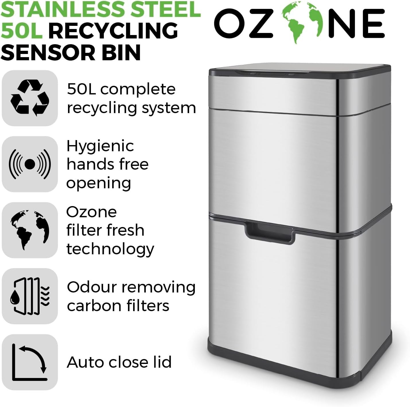 50L Touchless Recycling Bin | Automatic Sensor Trash Can Stainless Steel