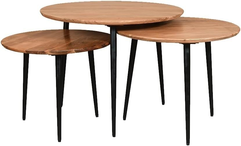 3-Tier Nesting Coffee Table Set Acacia Wood Metal Frame Round Natural Finish