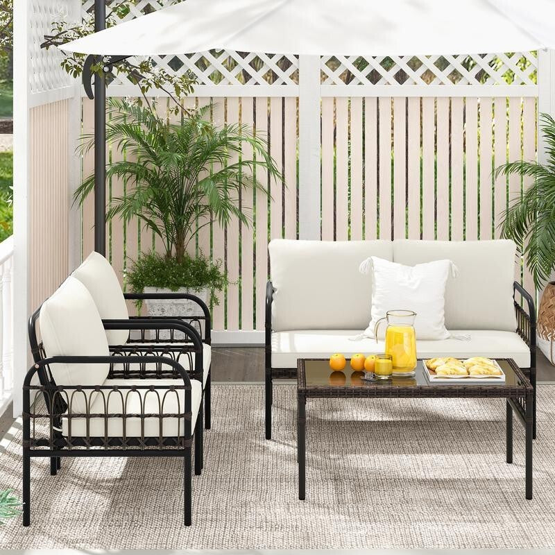 4 Piece Rattan Garden Furniture Set w/ Cushions & Glass Table Patio Seating Set