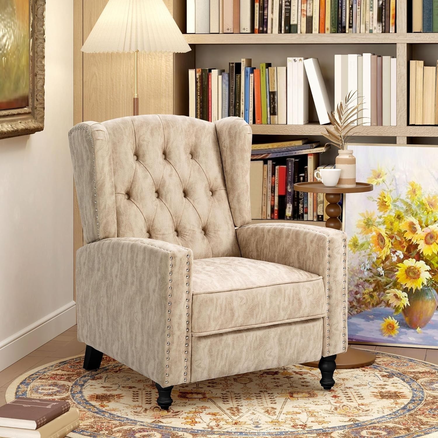 Beige Recliner Armchair with Footrest Wingback Tufted Chair Vintage Look