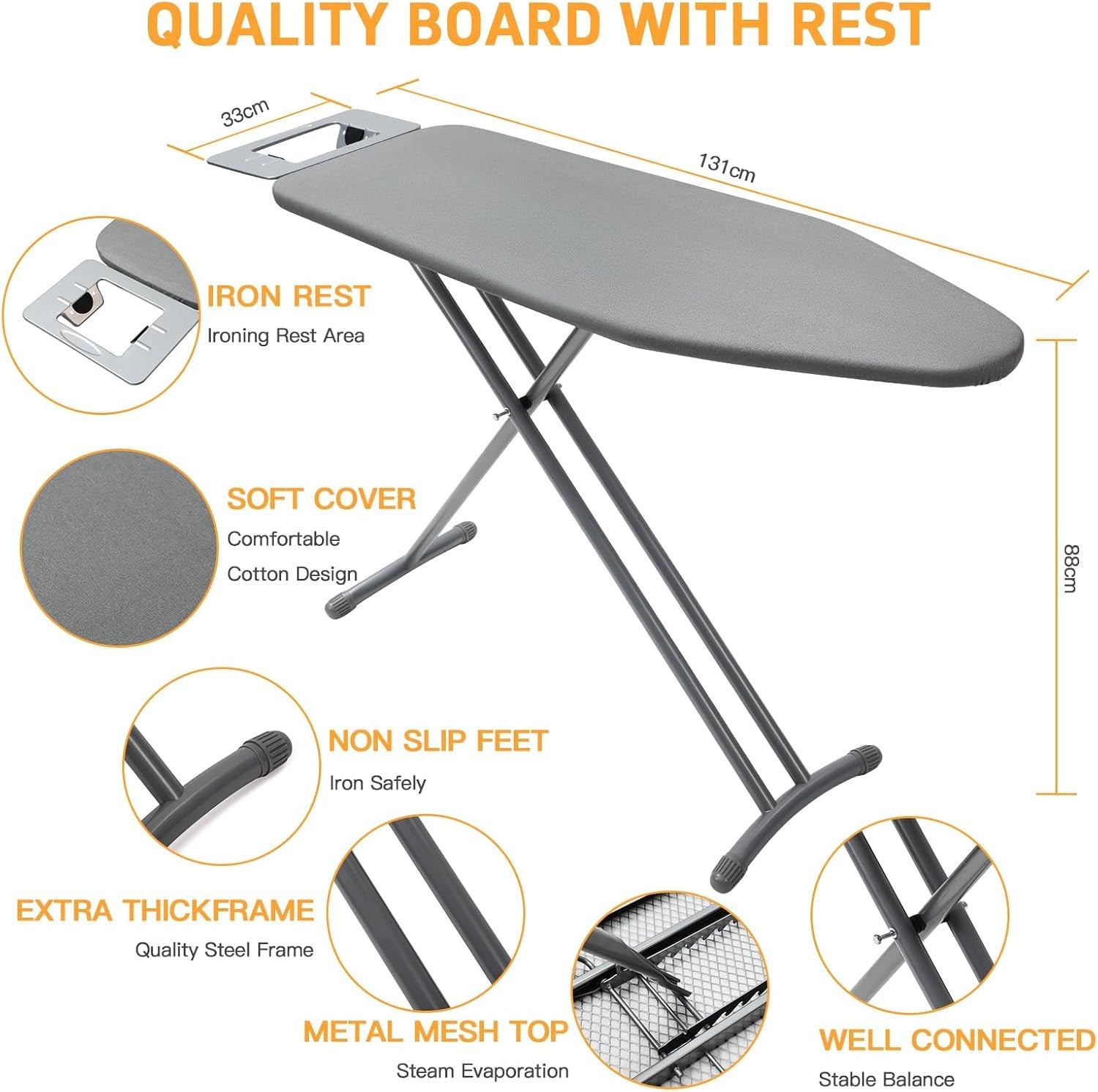 Full Size Ironing Board 131x33cm Adjustable Height Heat Resistant Cover