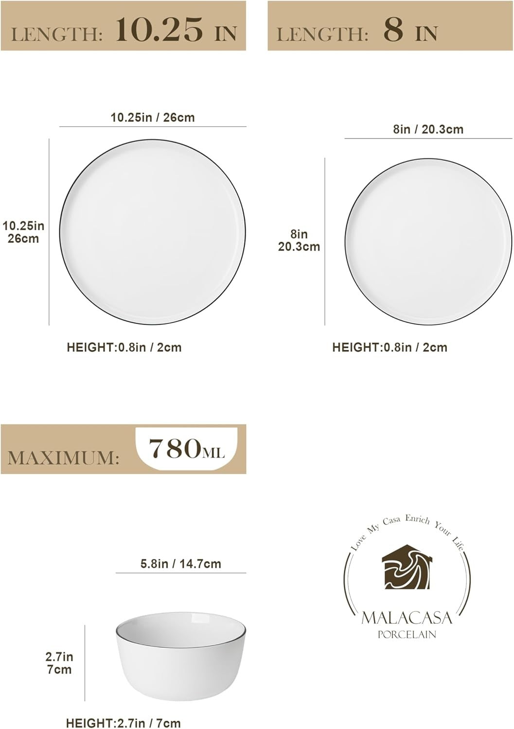 18pc Porcelain Dinnerware Set Plates Bowls Black Rim Microwave Safe