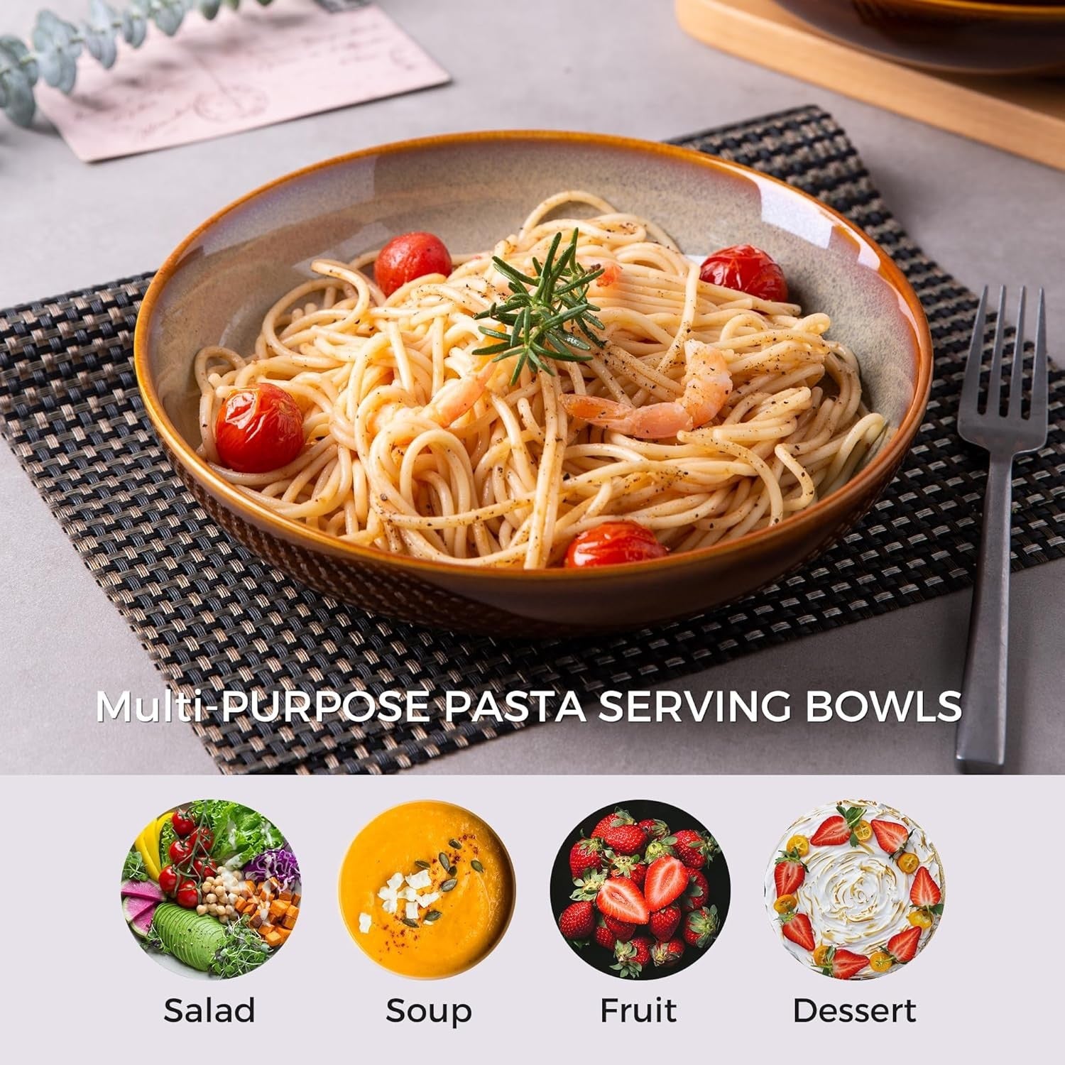Large Pasta Bowls Set of 6 22cm Deep Stoneware Soup Noodle Bowls Cappuccino