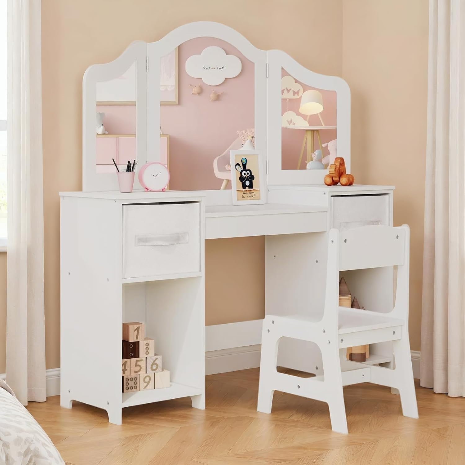 Kids Vanity Table & Chair Set w/ Mirror & Storage – White Makeup Desk for Girls