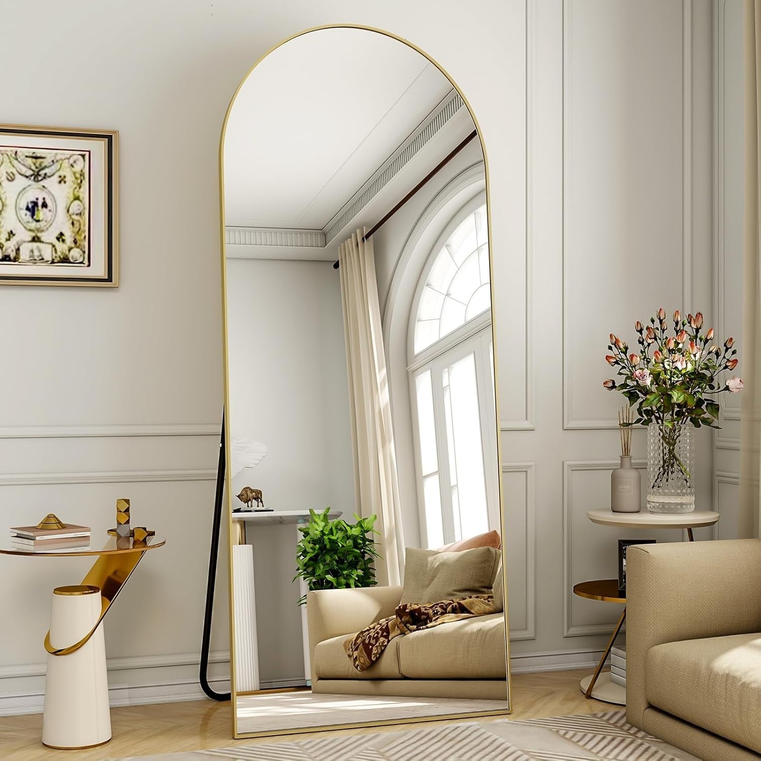 Arched Full Length Mirror 165x60cm Wall Standing Gold Frame, Shatterproof