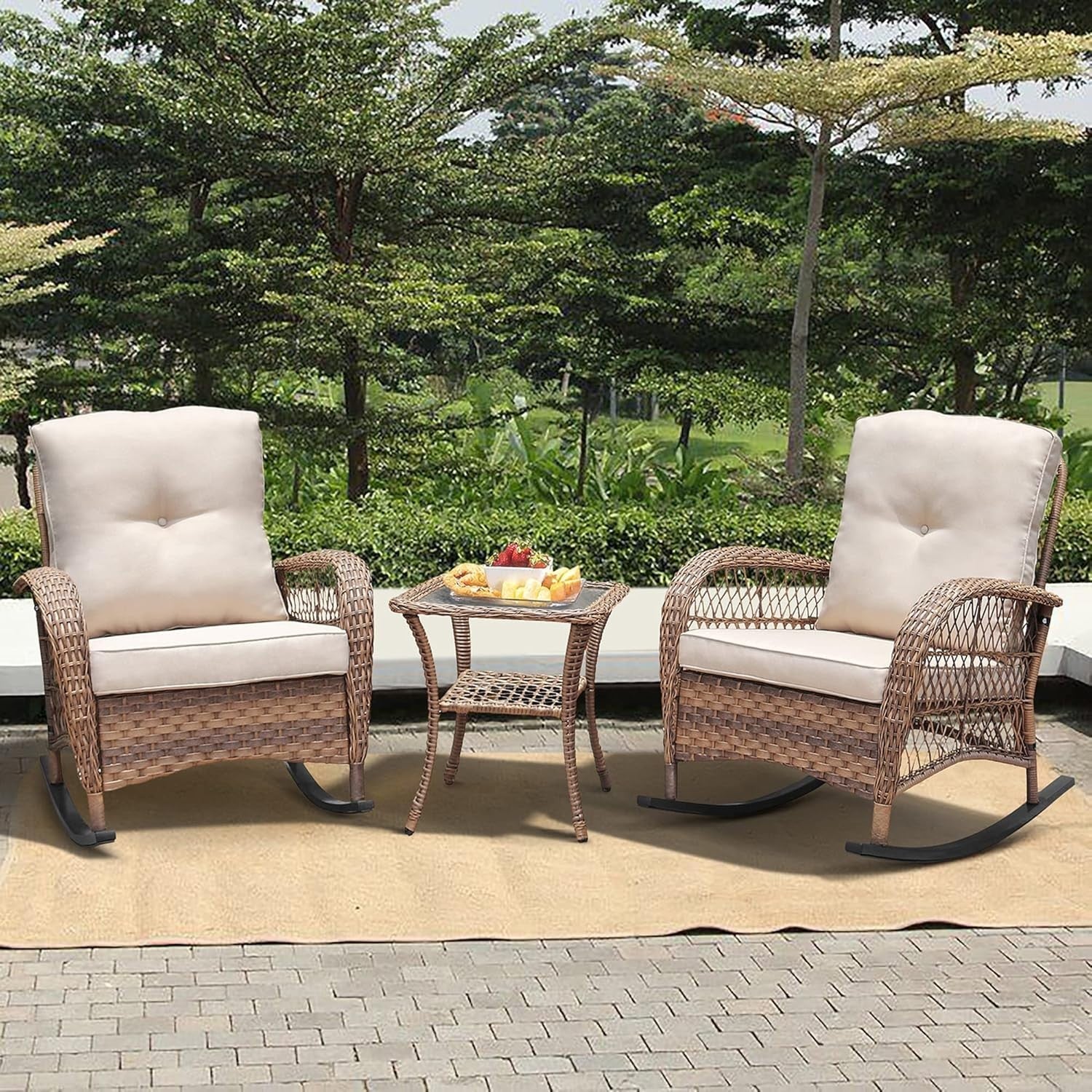 Outdoor 3-Piece Rattan Rocking Chair Set with Tempered Glass Coffee Table