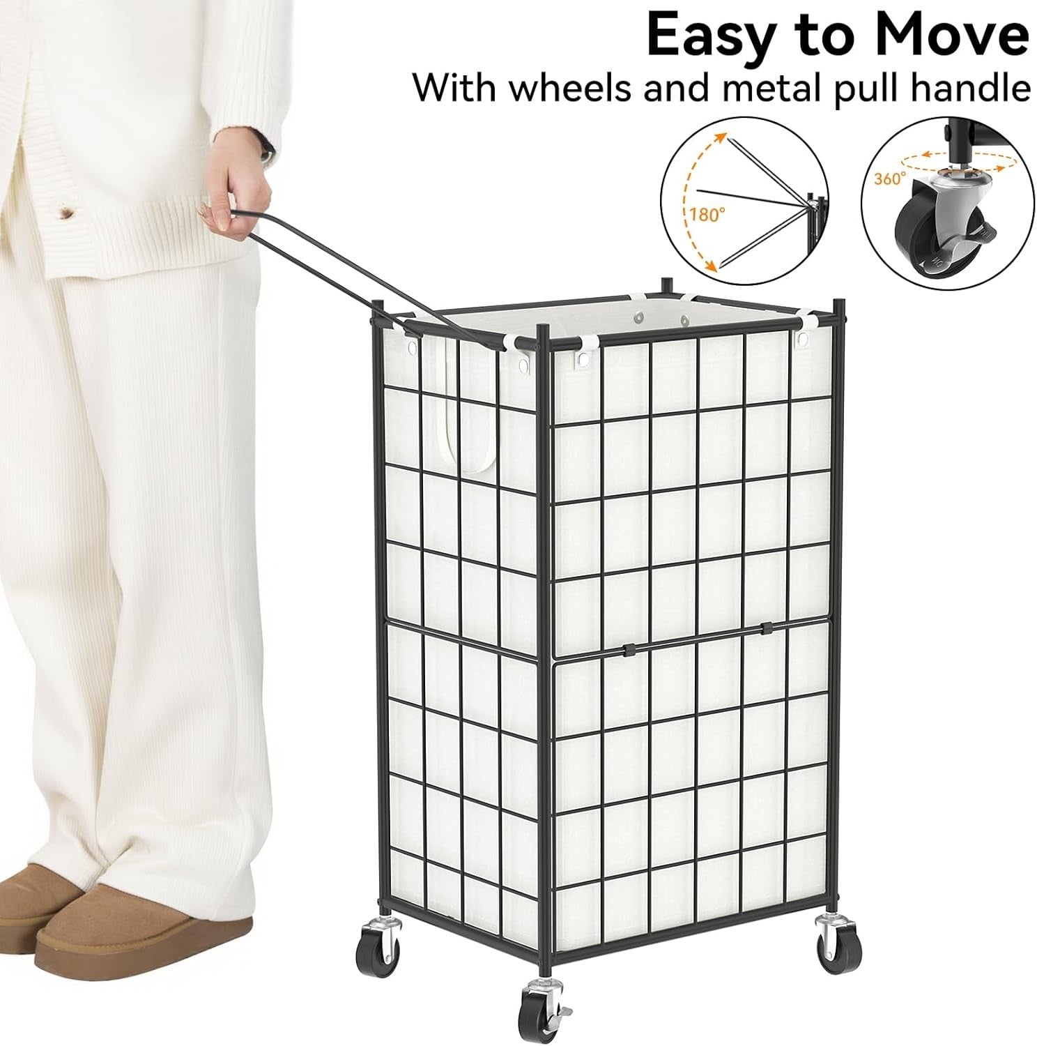100L Rolling Laundry Hamper with Wheels & Removable Bag Metal Frame Black White