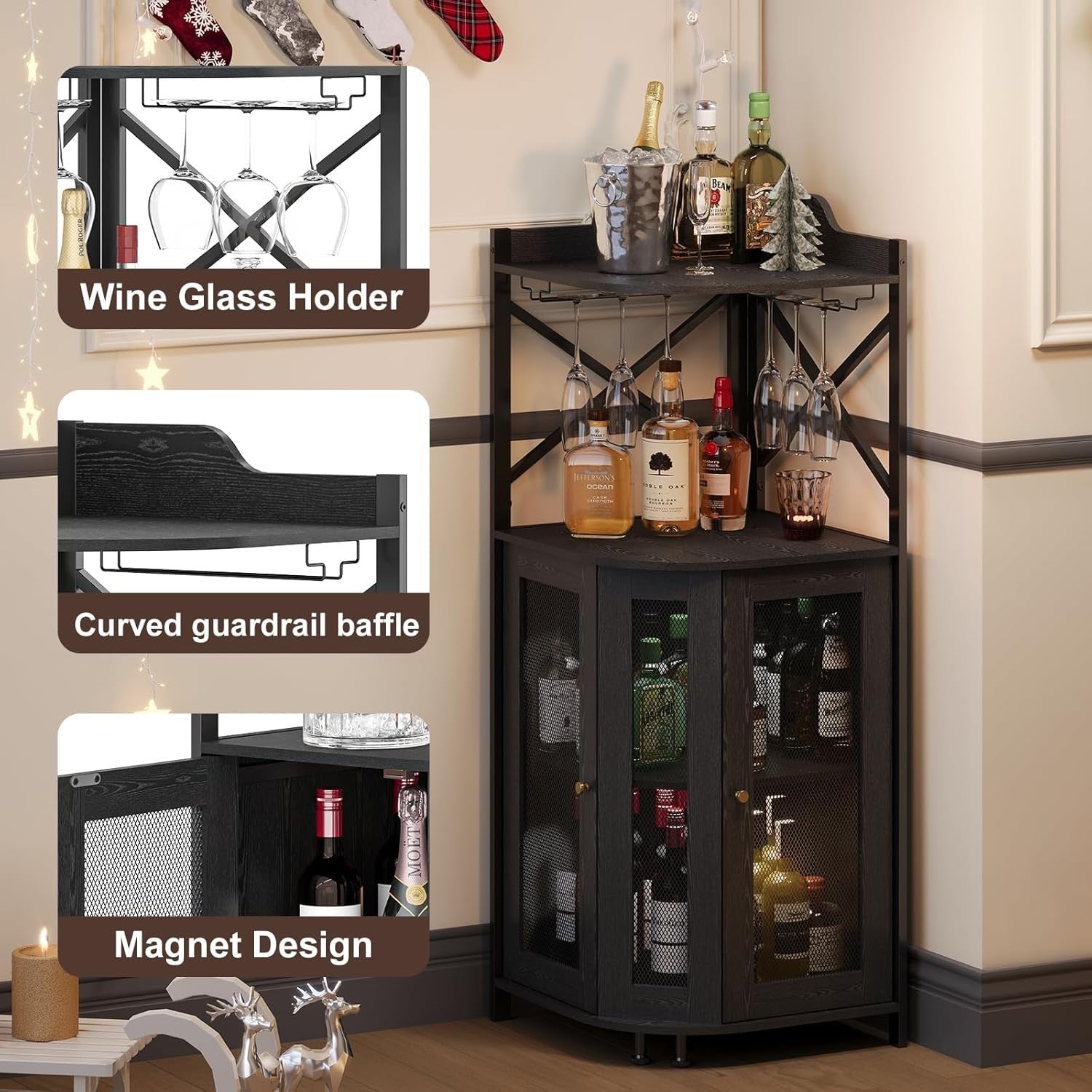 Corner Bar Cabinet with Wine Rack, Glass Holder & Storage Shelves – Black