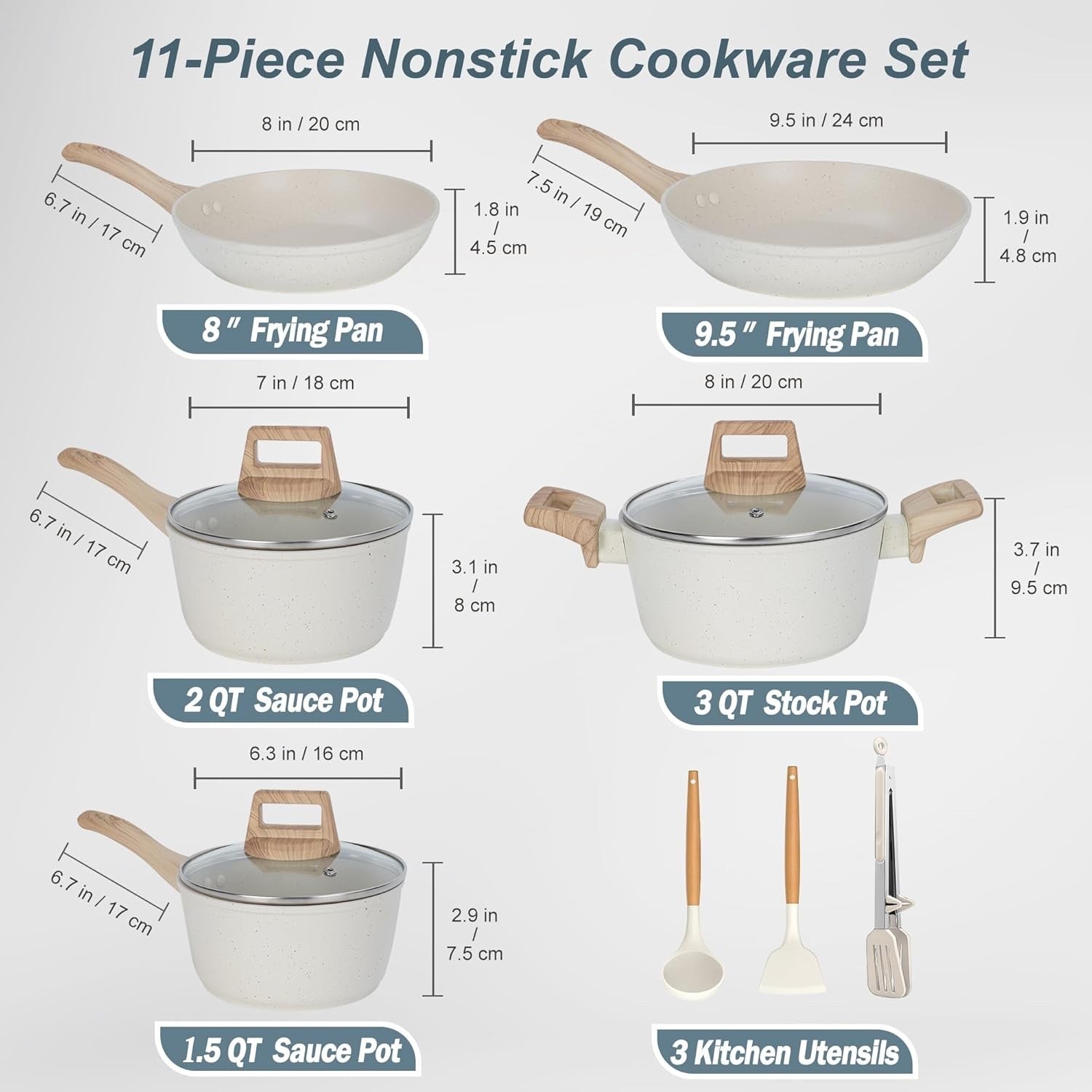 11pcs White Granite Non Stick Cookware Set Induction Safe Pots & Pans Kitchen