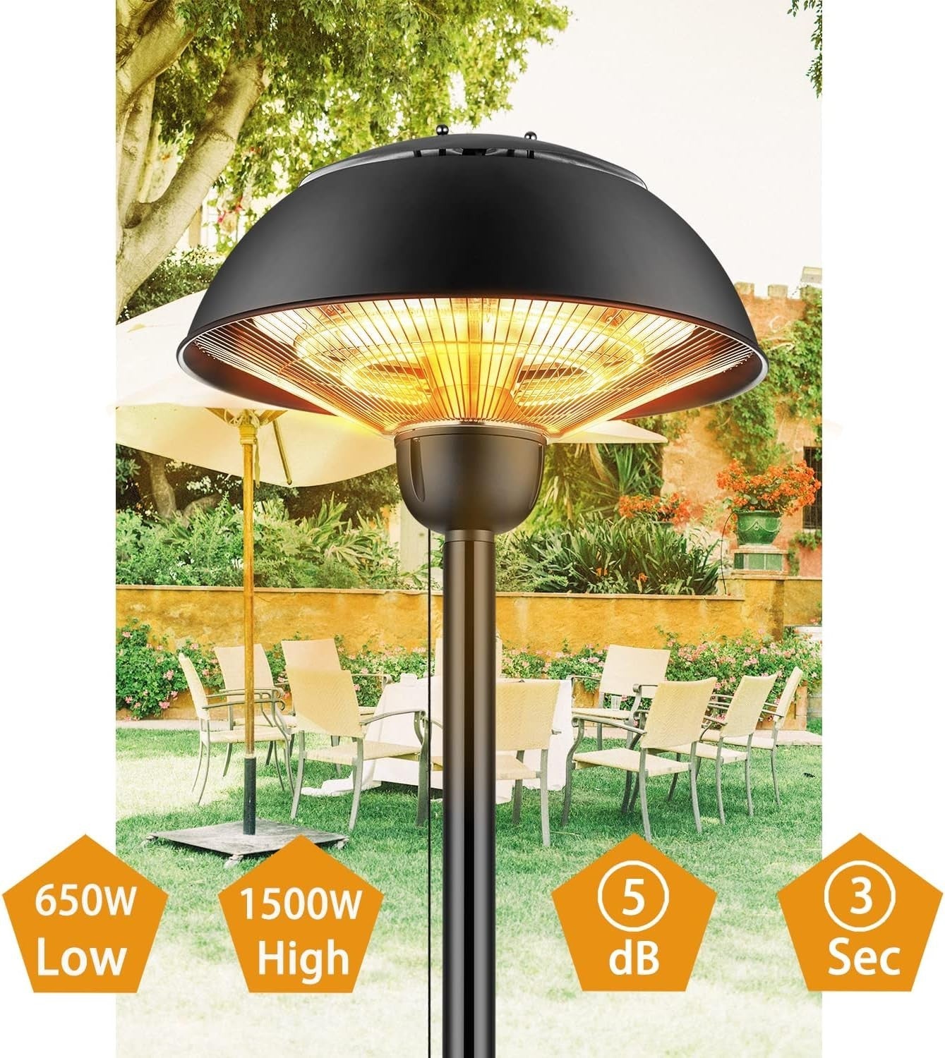 Outdoor Electric Patio Heater 2000W Quiet Radiant Heat 2 Power Settings