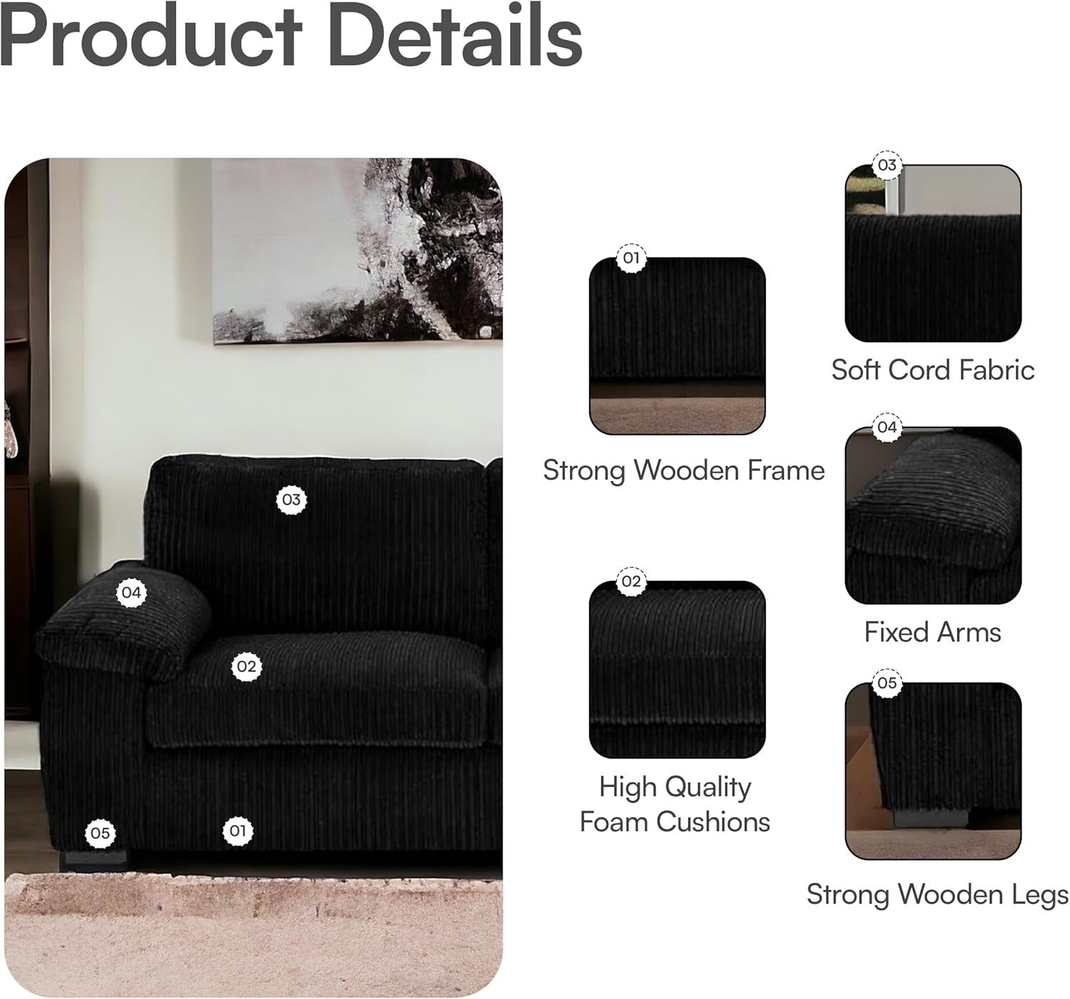 Black Jumbo Cord 3 Seater Sofa Soft Cushions Modern Comfy Lounge Couch