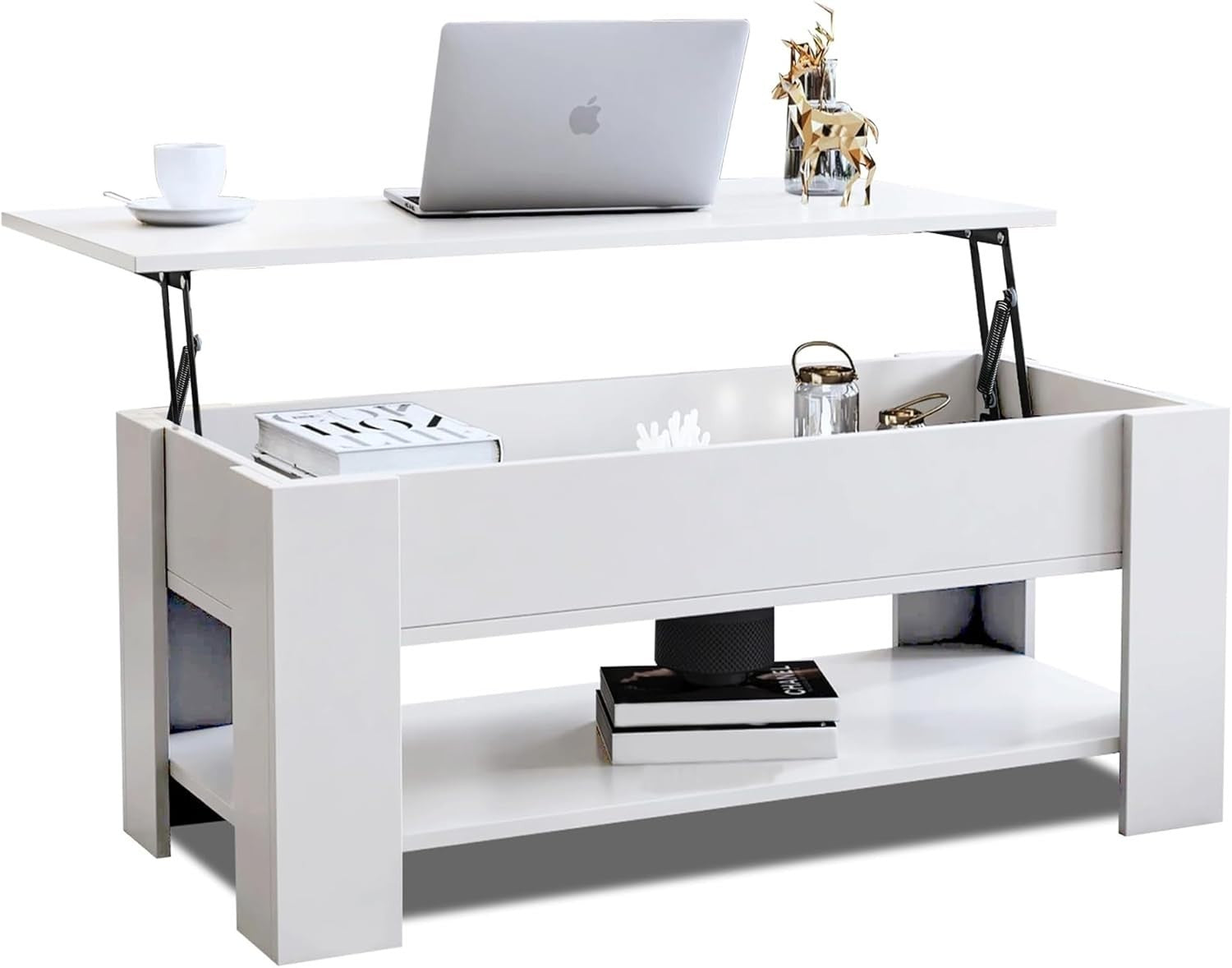 Lift Top Coffee Table White with Storage, Large Hidden Compartment 100x50cm