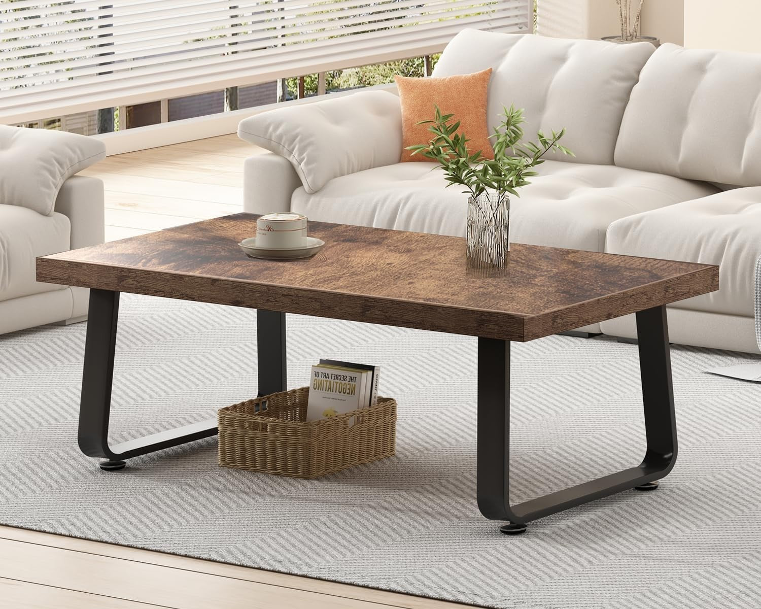 Rustic Brown Industrial Coffee Table 120x60x46.5cm, Metal Frame, Durable