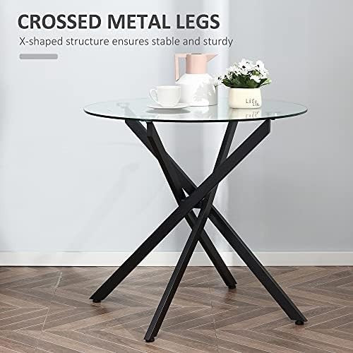 Round Glass Dining Table with Metal Cross Legs Modern Small Kitchen Table